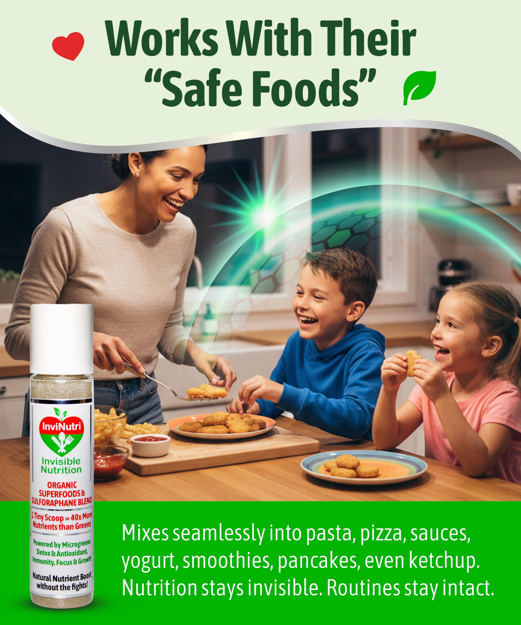 InviNutri Superfood Powder for Sensory & Picky Eaters. A TINY scoop- 40x Nutrient-Rich, 30mg Sulforaphane for Detox. Organic Microgreens, Fruits & Veggies - Blends Invisibly into Most Meals - 24 serv. InviNutri Invisible Nutrition uk supplements