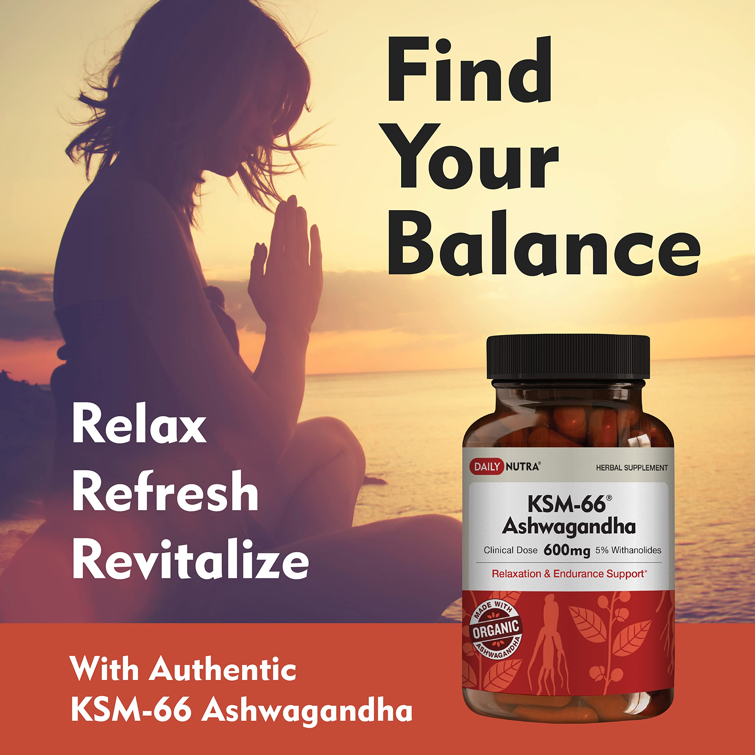 DailyNutra KSM-66 Ashwagandha 600mg Organic Root Extract - High Potency Supplement with 5% Withanolides | Relieves Tiredness, Supports Relaxation, Focus, Energy, & Muscle Growth (90 Capsules) DailyNutra uk supplements