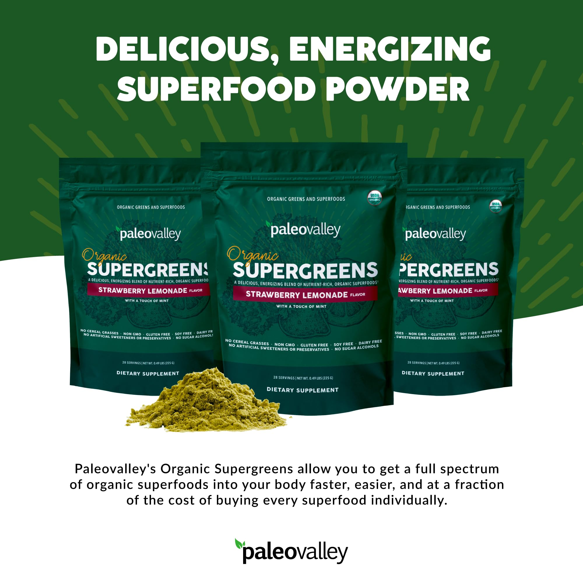 Paleovalley Organic Supergreens - Organic Greens Powder Superfood for Immune Support - Paleo Green Powder Blend - 28 Servings - 23 Superfoods - Gluten Free, No Cereal Grasses, Soy or Grain Paleovalley uk supplements