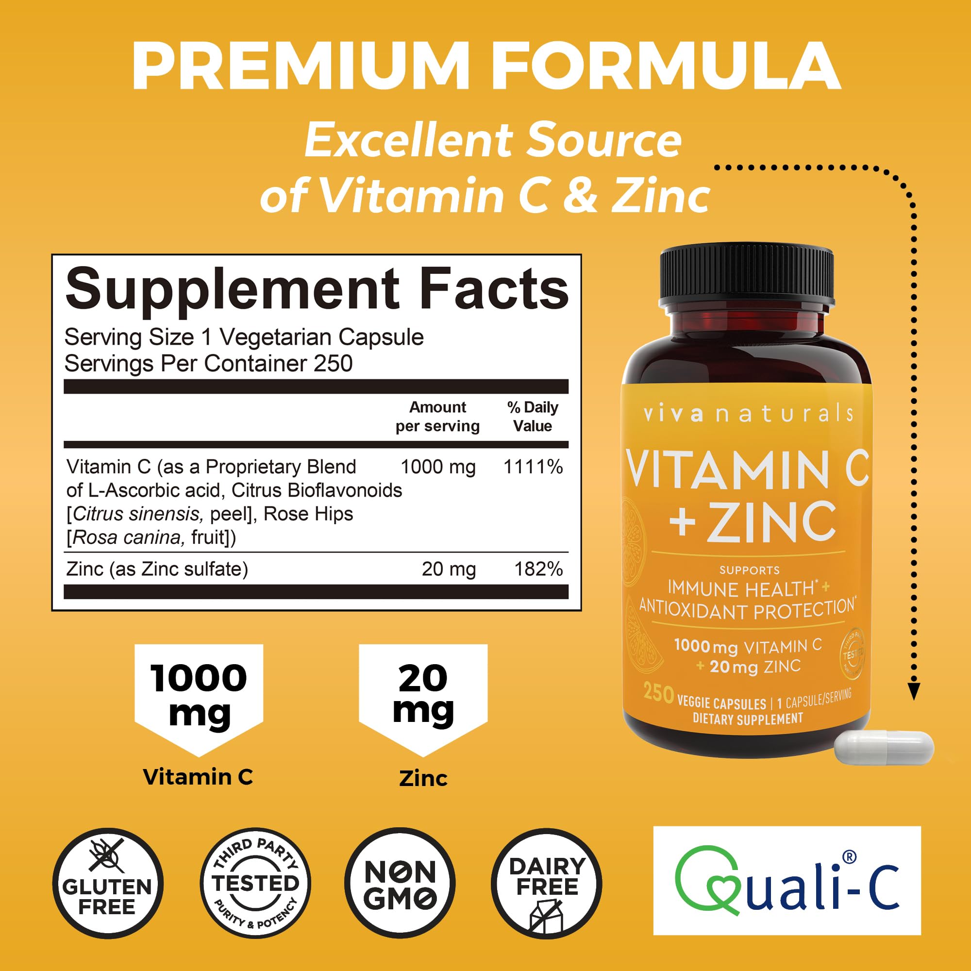 Viva Naturals Vitamin C and Zinc Supplement (250 Capsules) - 1000 mg Vitamin C with Zinc 20 mg Antioxidant Supplements for Immune Support, Vitamin Supplement for Adults Viva Naturals uk supplements