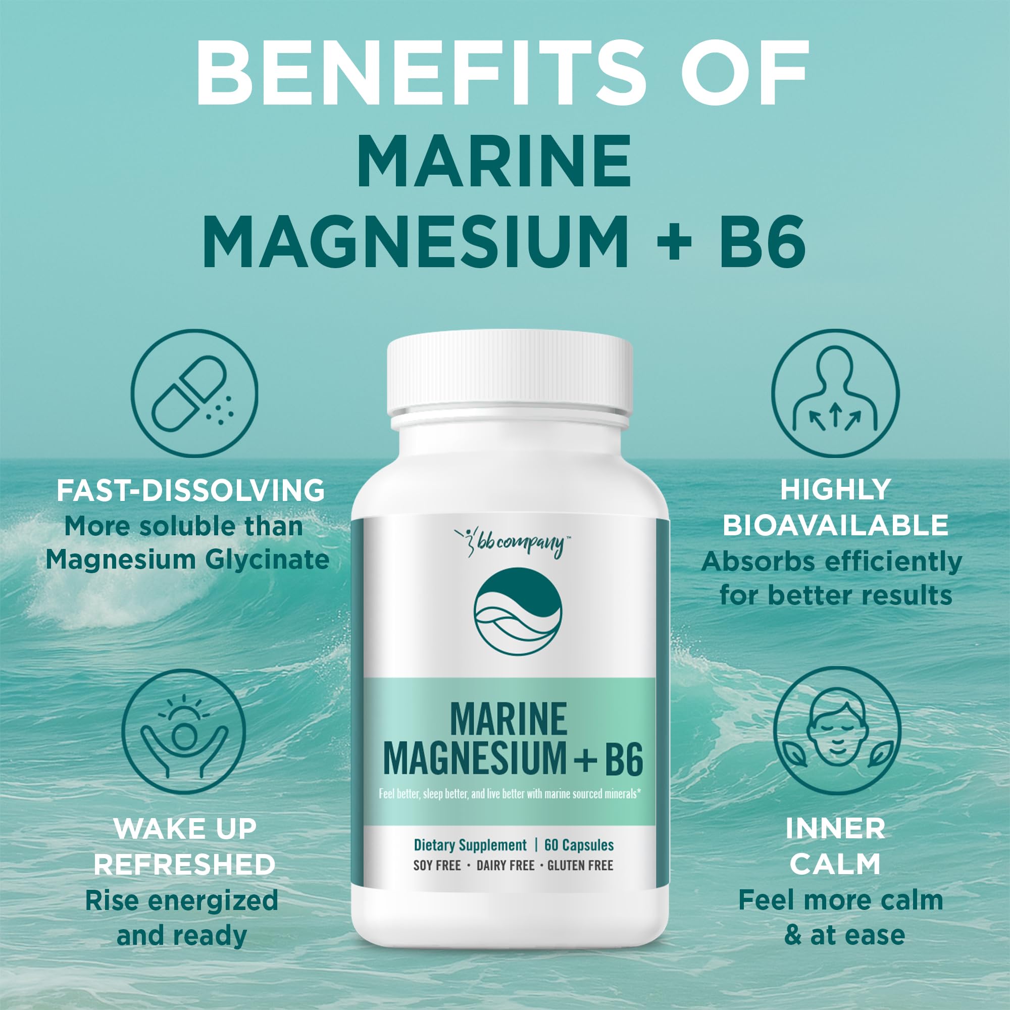 Ocean Magnesium 200mg Aquamin | More Soluble Than Magnesium Glycinate | Whole Food Mag B6 Supplement for Women | Gentle on Stomach & Vegan | Sleep Support, Calms Nerves & Leg Cramps | 60 Ct BB Company uk supplements
