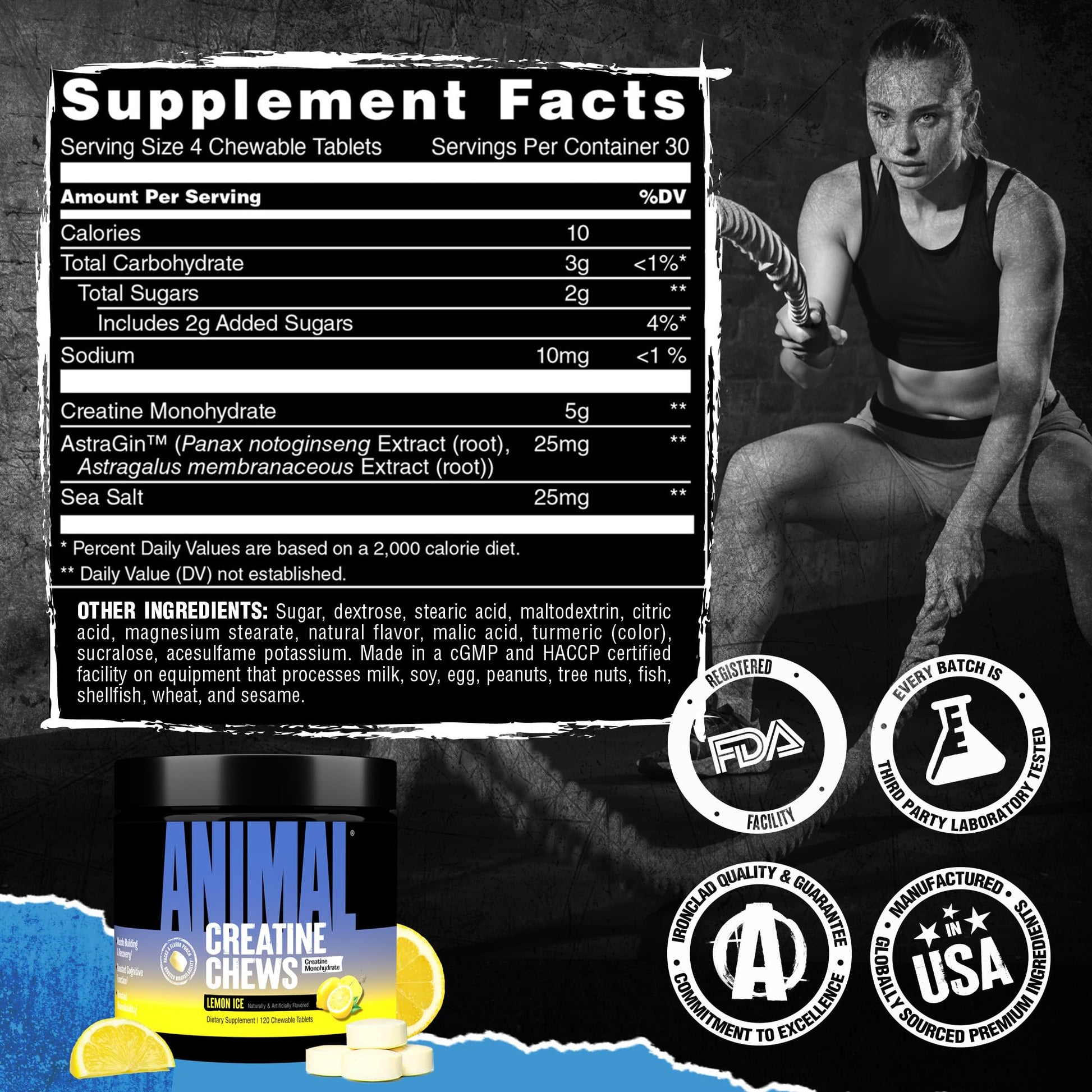 Animal Creatine Chews Tablets - Enhanced Creatine Monohydrate with AstraGin to Improve Absorption, Sea Salt for Added Pumps, Delicious and Convenient Chewable Tablets - Lemon Ice Animal uk supplements