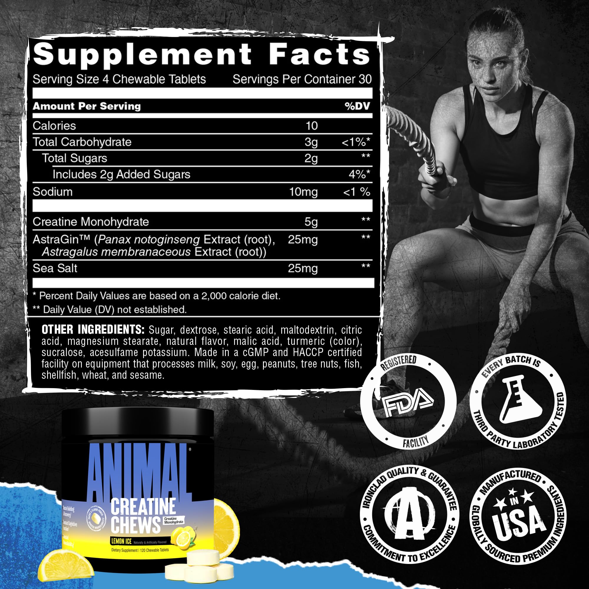 Animal Creatine Chews Tablets - Enhanced Creatine Monohydrate with AstraGin to Improve Absorption, Sea Salt for Added Pumps, Delicious and Convenient Chewable Tablets - Lemon Ice Animal uk supplements
