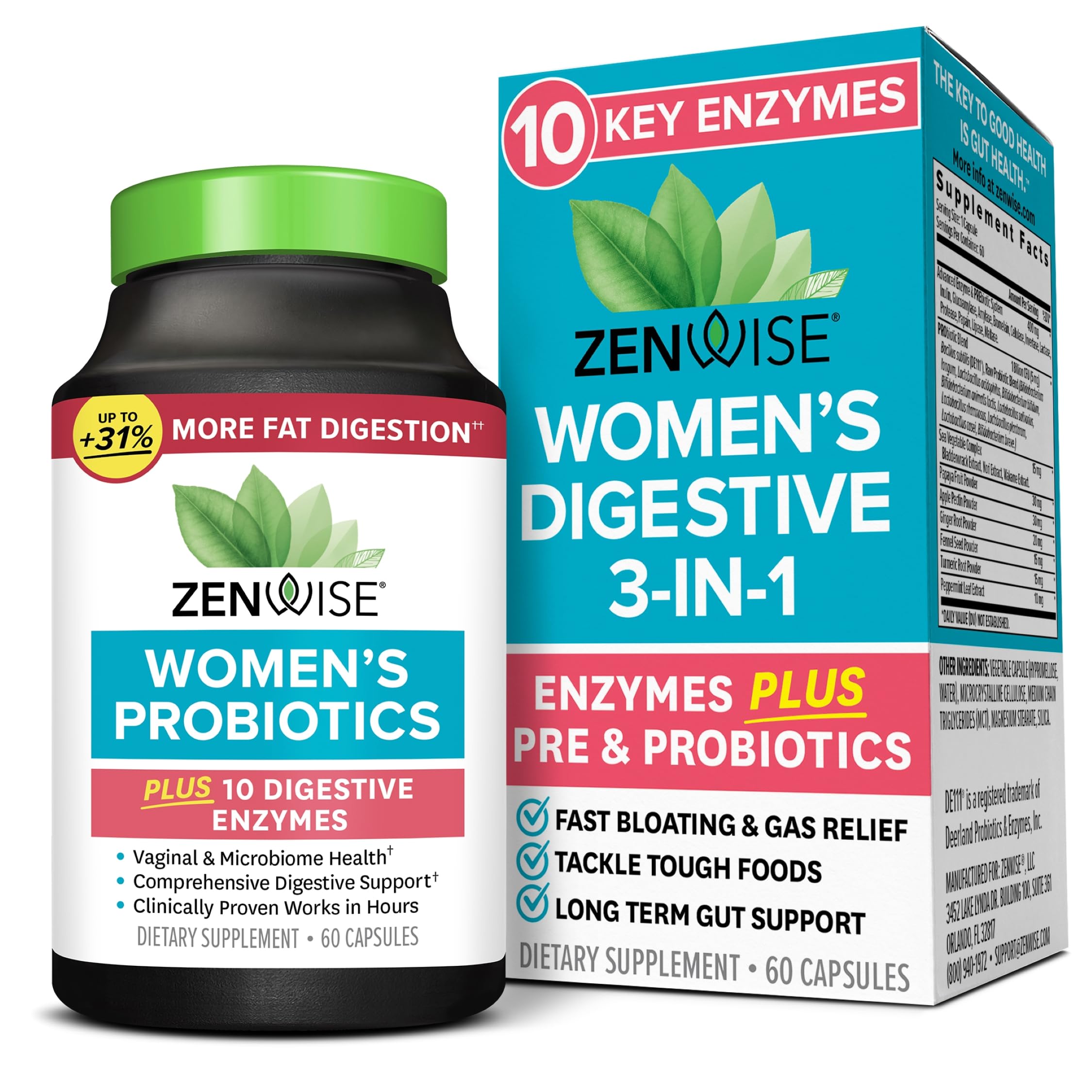 Zenwise Health 3-in-1 Womens Probiotic Supplement for Digestive, Gut Flora & Vaginal Health - Daily Probiotics & Prebiotics for Women with Digestive Enzymes Supports Bloating & Gas Relief - 60 Count Zenwise Health uk supplements