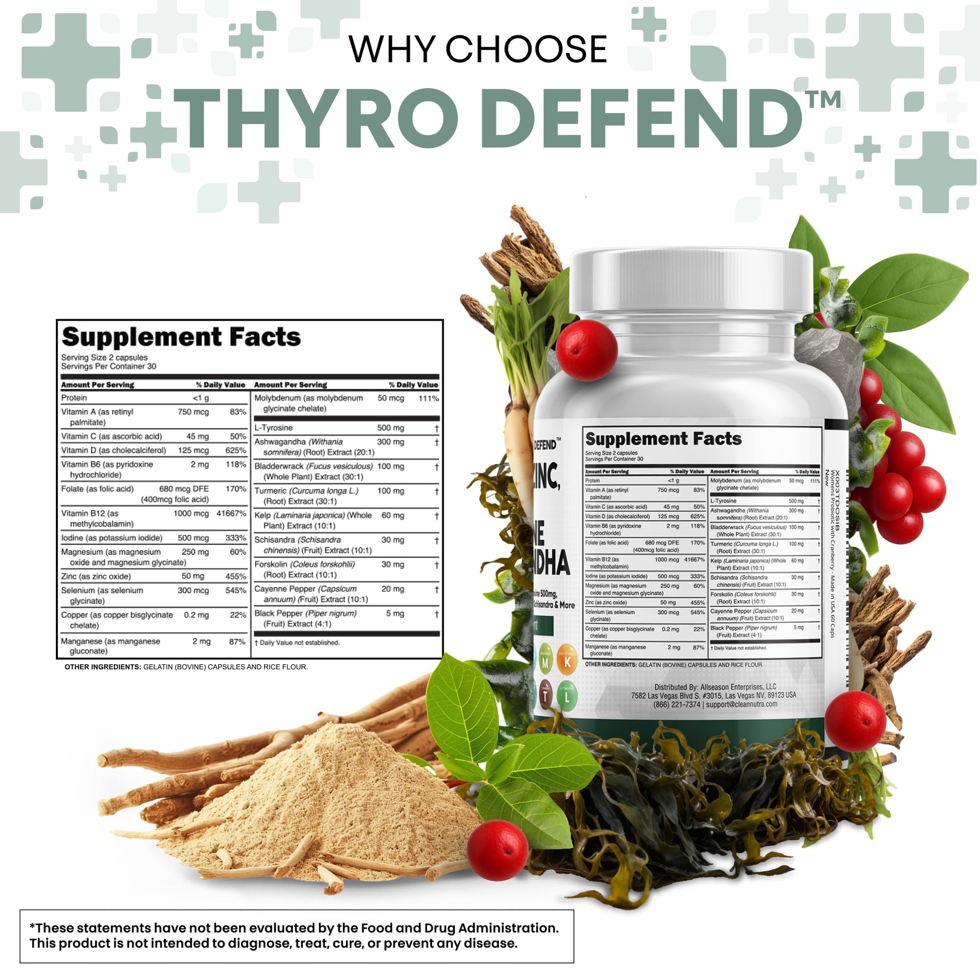 Clean Nutra Selenium 300mcg Iodine 500mcg Thyroid Support for Women & Men | L Tyrosine 500mg Ashwagandha Supplement Bladderwrack, Turmeric, Kelp, Schisandra Zinc Pills Capsule Supplements Clean Nutraceuticals uk supplements