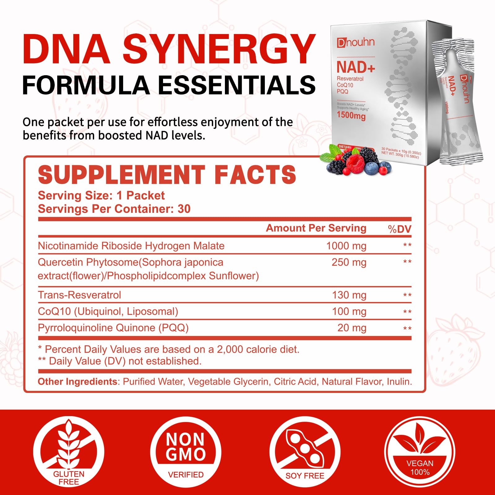 DNOUHN NAD Liquid Supplement 1500mg, Nicotinamide Riboside & Resveratrol with PQQ, NAD Supplement for Women & Men, Boosts Cellular Energy, Anti-Aging, Immune, Focus, 30 Packets DNOUHN uk supplements