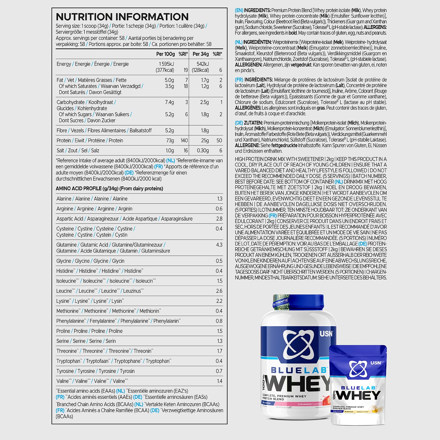 USN Blue Lab Whey Protein Powder: Strawberry - Whey Protein 908g - Post-Workout - Whey Isolate USN uk supplements