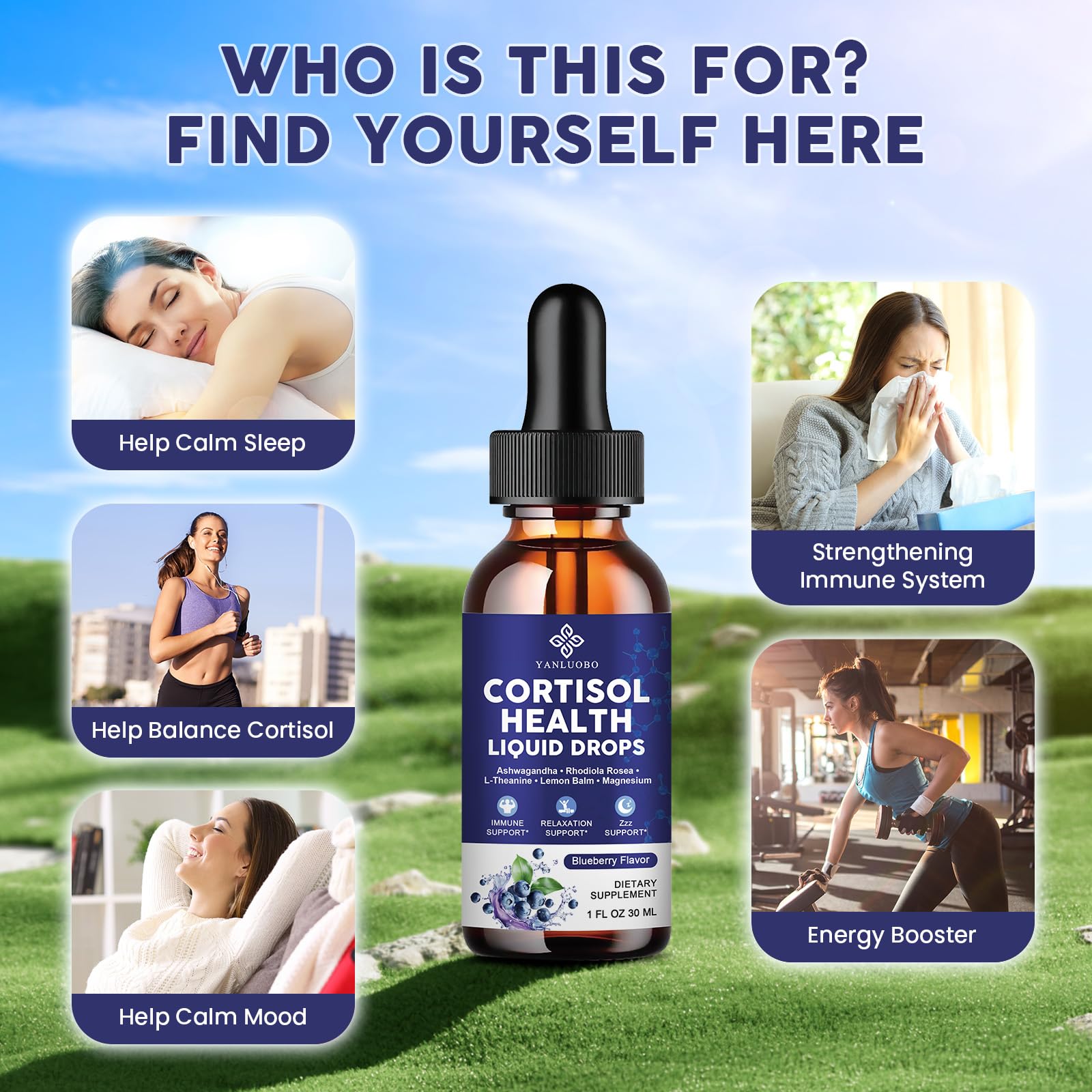Cortisol Supplements for Women - Cortisol Manager Liquid Drops with Magnesium, Ashwagandha & Rhodiola rosea, L-theanine - Promotes Relaxation & Better Sleep, Mood, Blueberry Flavors, 1FL.OZ(2PC) YANLUOBO uk supplements
