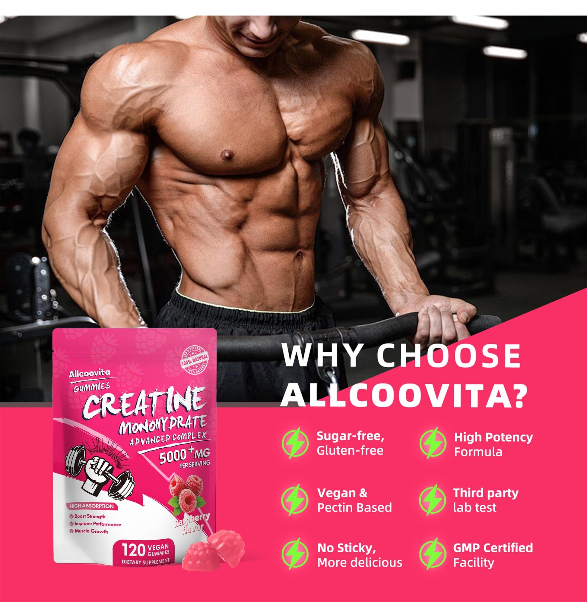 NSF Certified Creatine Gummy - Creatine Monohydrate Gummies 5000mg for Men & Women -120 Gummies Advanced Formula, Muscle Strength, Muscle Builder, Energy Boost, Pre-Workout Supplement-Raspberry Allcoovita uk supplements