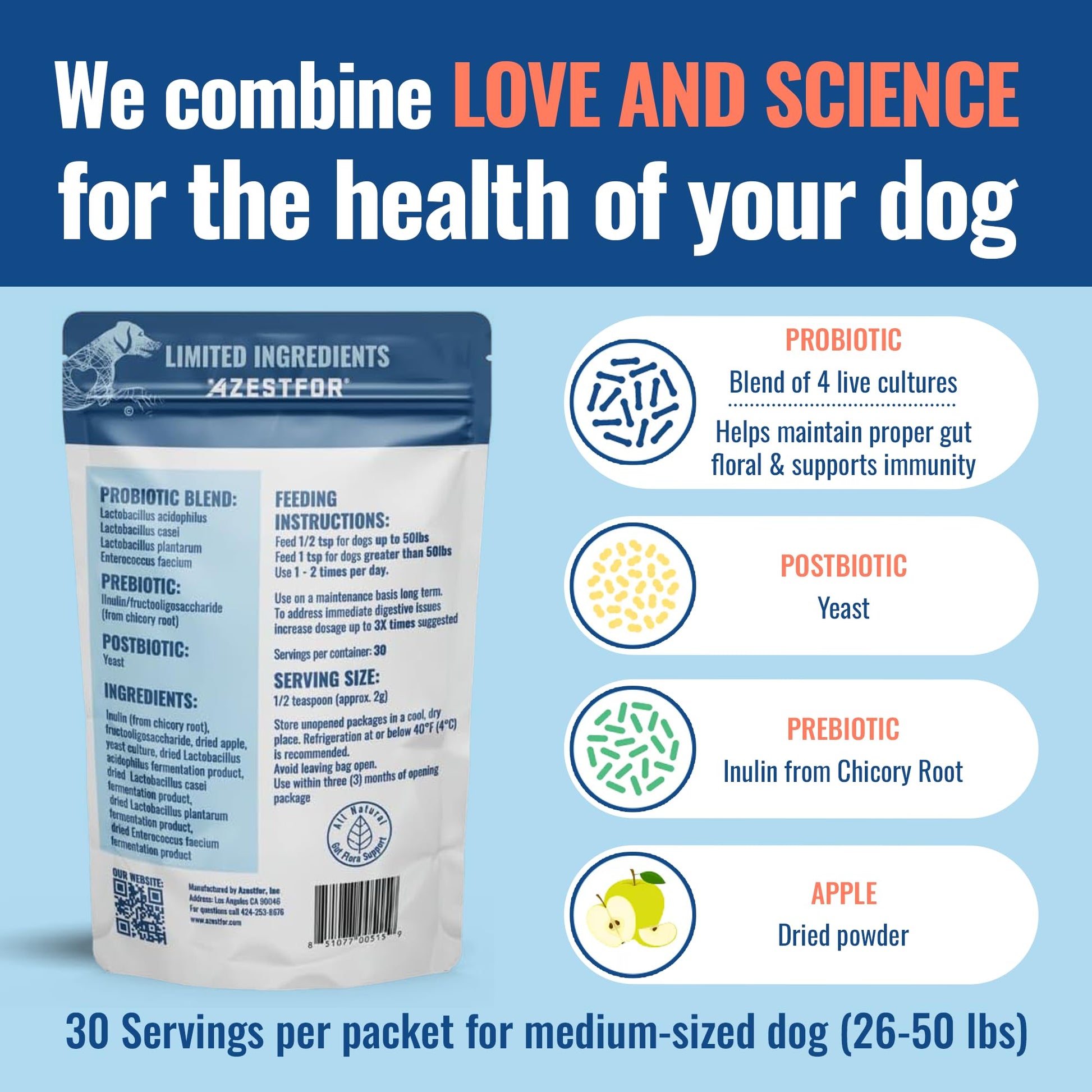 Azestfor Gut Health Supplement for Dogs – 3 in 1 Probiotic, Prebiotic & Postbiotic Blend – Supports Digestion, Immunity & Skin – Easy-to-Use Powder – for All Breeds & Sizes – 60g (30 Servings) Azestfor uk supplements