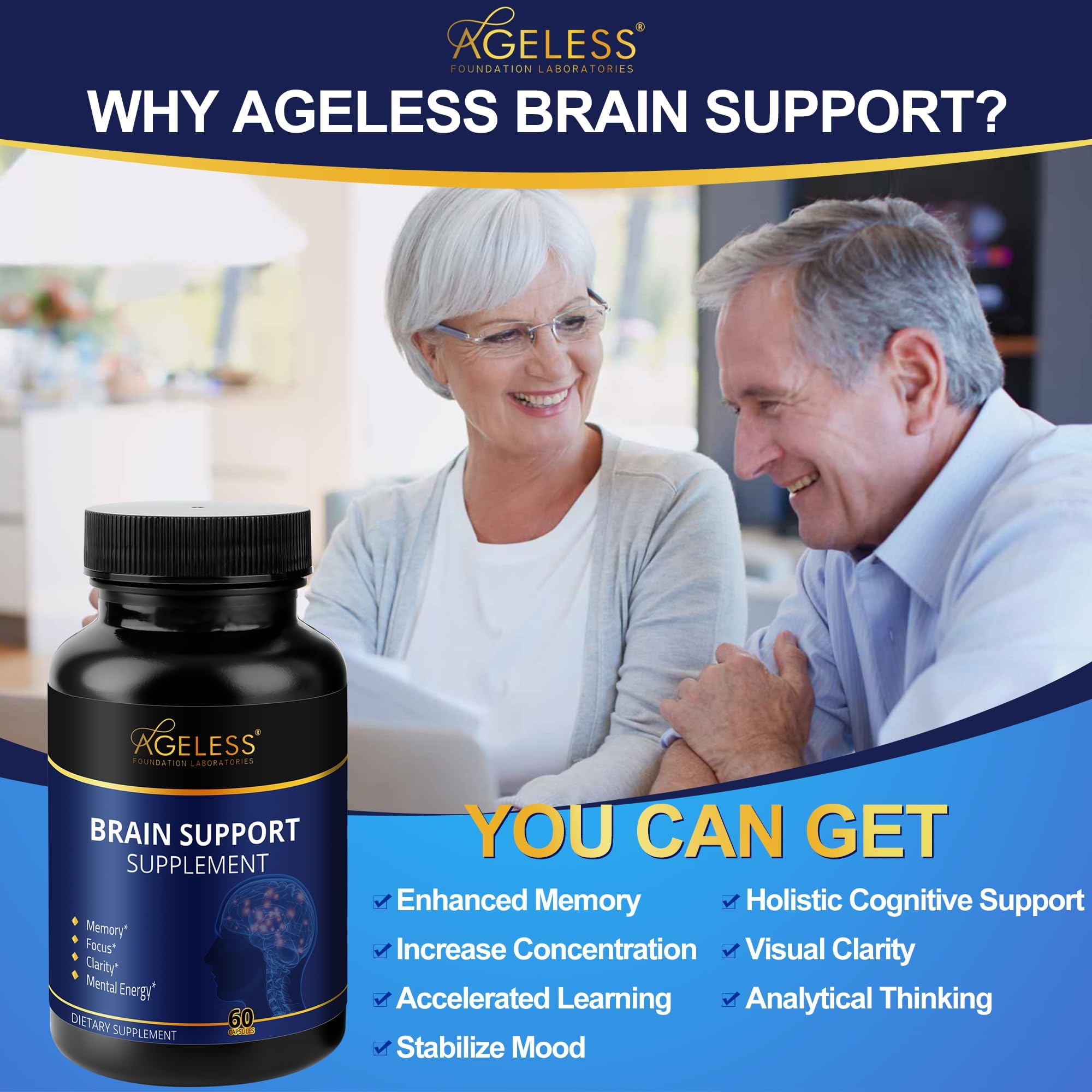 Ageless Brain Supplements for Memory and Focus 1000 MG | Cognitive Improvement | Formulated with Clinically Studied Ingredients | Support Mental Clarity & Neuro Health | Vitamin B6, B12, 60 Capsules Ageless Foundation Laboratories uk supplements