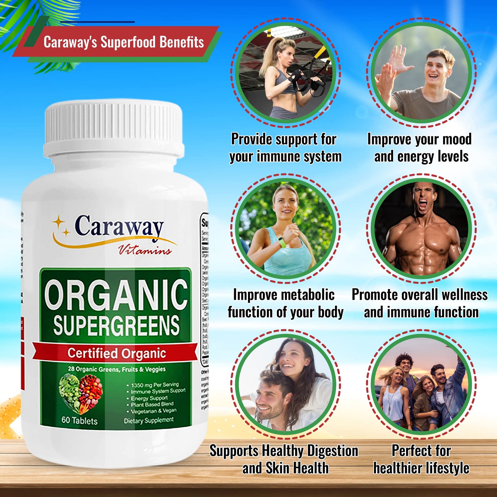Organic Superfoods Vitamins Super Greens Complex by Caraway Vitamins 1,350 mg per Serving 28 Fruits Vegetables Greens 60 Count Tablets Non-GMO Natural for Men & Women Caraway Vitamins uk supplements