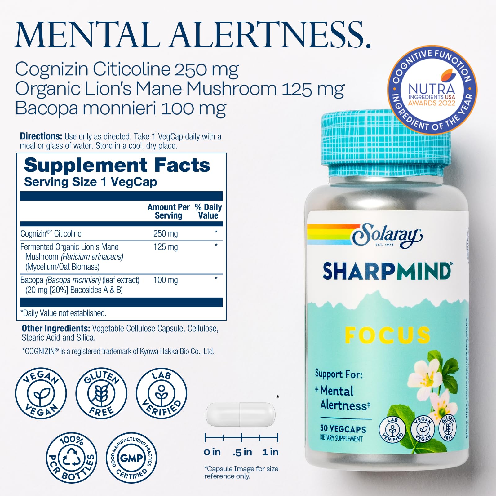 SOLARAY SharpMind Focus, Mental Alertness Nootropic Supplement, Memory Support, Each Capsule with Cognizin Citicoline, Vegan, 60 Day Money Guarantee, 30 Serv 30 Vegetarian Capsules Pills SOLARAY uk supplements