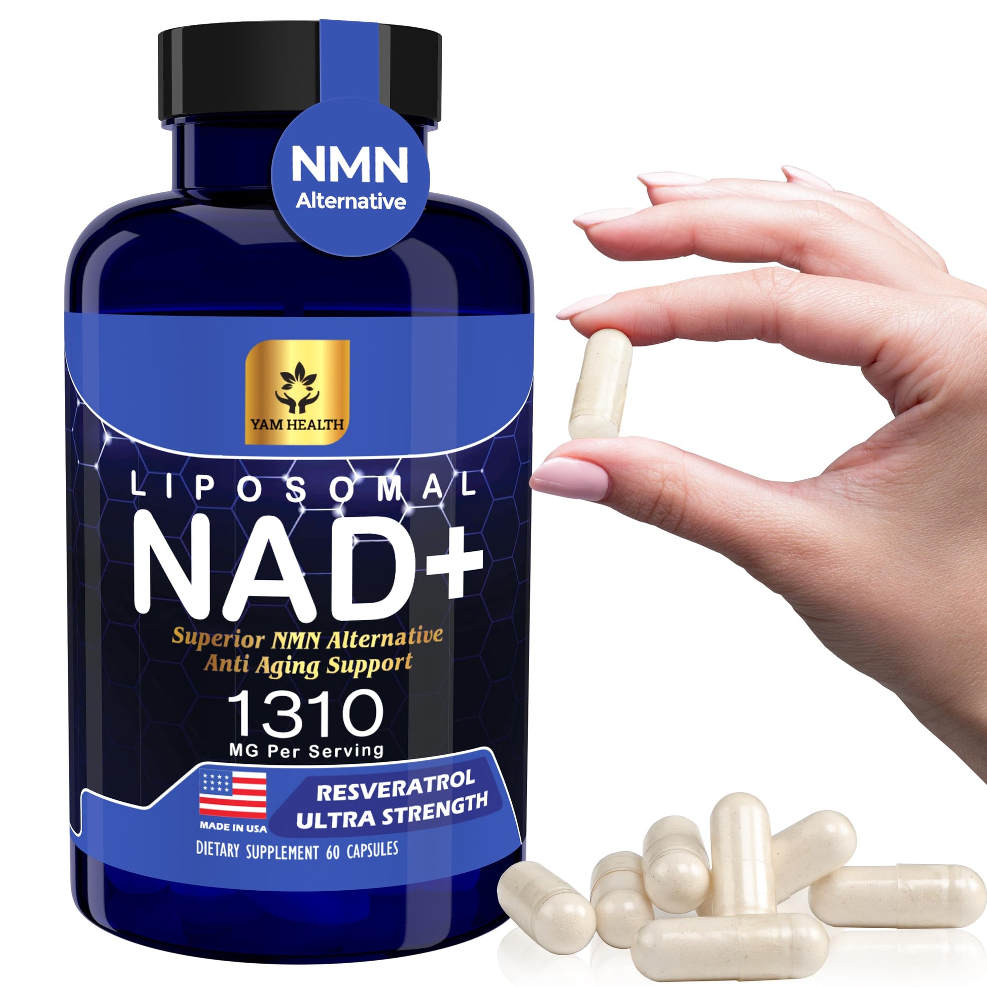 YAM Health Liposomal NAD Nicotinamide Riboside Equivalent with Trans-Resveratrol 300mg, Premium Halal NAD Supplement for Energy Metabolism, DNA Repair and Longevity, Vegan, Non-GMO (60 Count) YAM Health uk supplements