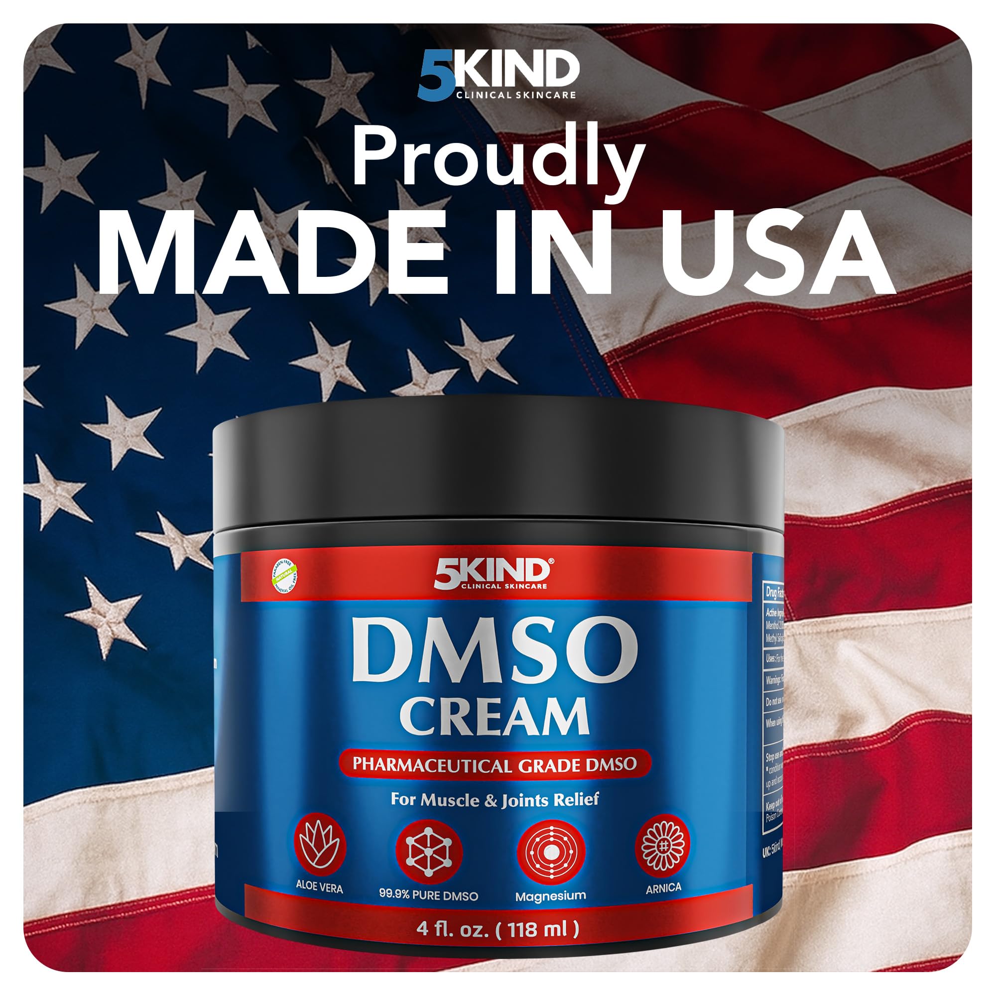 5Kind DMSO Cream for Pain Relief 4 fl oz - 99.9% Pure DMSO Pharmaceutical Grade Cream - Aloe Vera, Magnesium, Arnica & Menthol - Topical Muscle and Joint Pain Relief - Registered NDC - Made in USA 5kind clinical skincare uk supplements