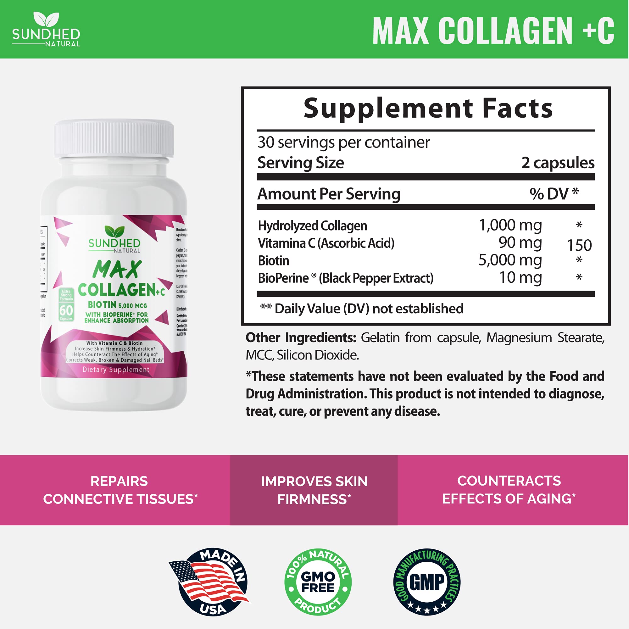 Sundhed Natural Max Collagen Plus C (60 caps) - All Natural Collagen Capsules with Biotin & Bioperine to Boost Anti Aging Hydration & Skin Firmness - Collagen Pills to Strengthen Bones & Nails Sundhed Natural uk supplements