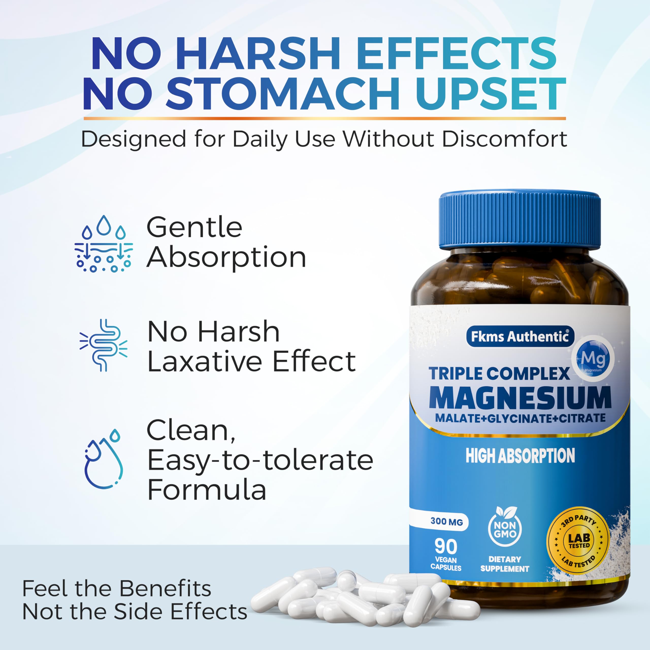 FKMS Authentic Triple Magnesium Complex | 300mg Magnesium Glycinate, Malate & Citrate for Sleep, Stress & Muscle Support | Non-GMO, Vegan, Gentle on Stomach | High Absorption | 90 Capsules FKMS AUTHENTIC uk supplements