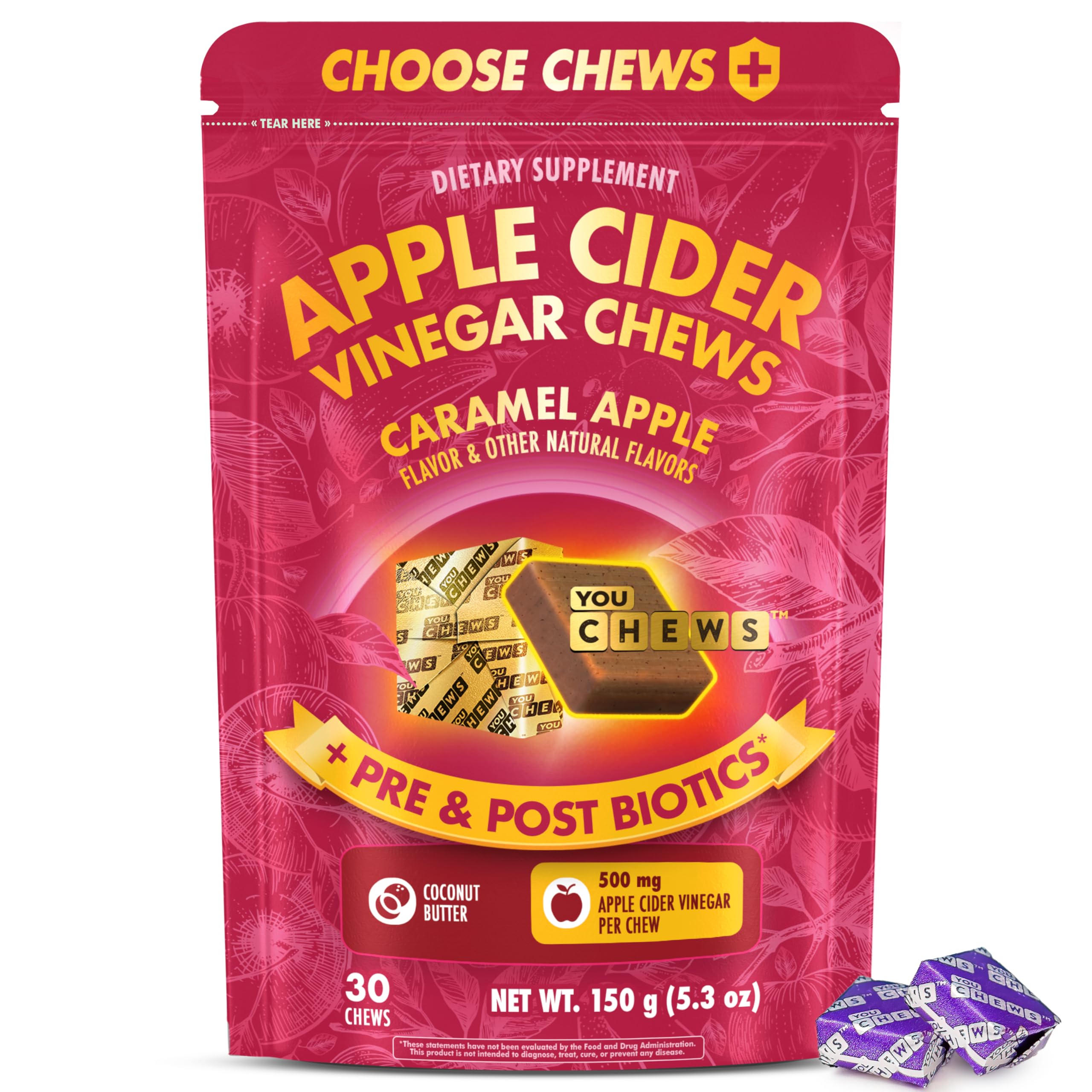YouChews Apple Cider Vinegar Chews Better Than Apple Cider Gummies - Bloating Relief for Women and Men, 500mg Organic ACV with Prebiotics & Postbiotics, Low Sugar, Caramel Flavor, 30 Count YouChews uk supplements
