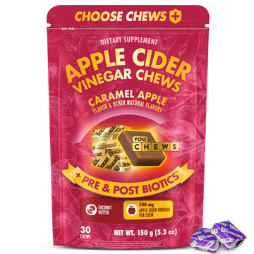 YouChews Apple Cider Vinegar Chews Better Than Apple Cider Gummies - Bloating Relief for Women and Men, 500mg Organic ACV with Prebiotics & Postbiotics, Low Sugar, Caramel Flavor, 30 Count YouChews uk supplements