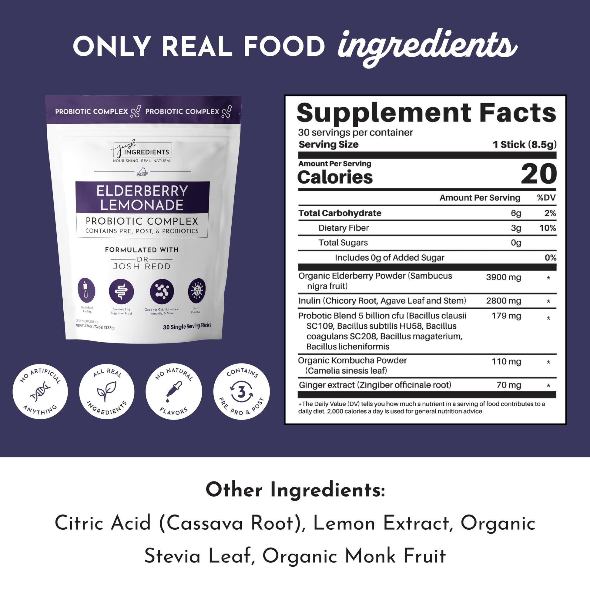 JUST INGREDIENTS Elderberry Lemonade 3-in-1 Probiotic Complex - Prebiotics, Probiotics & Postbiotics - 30 Sticks JUST INGREDIENTS uk supplements