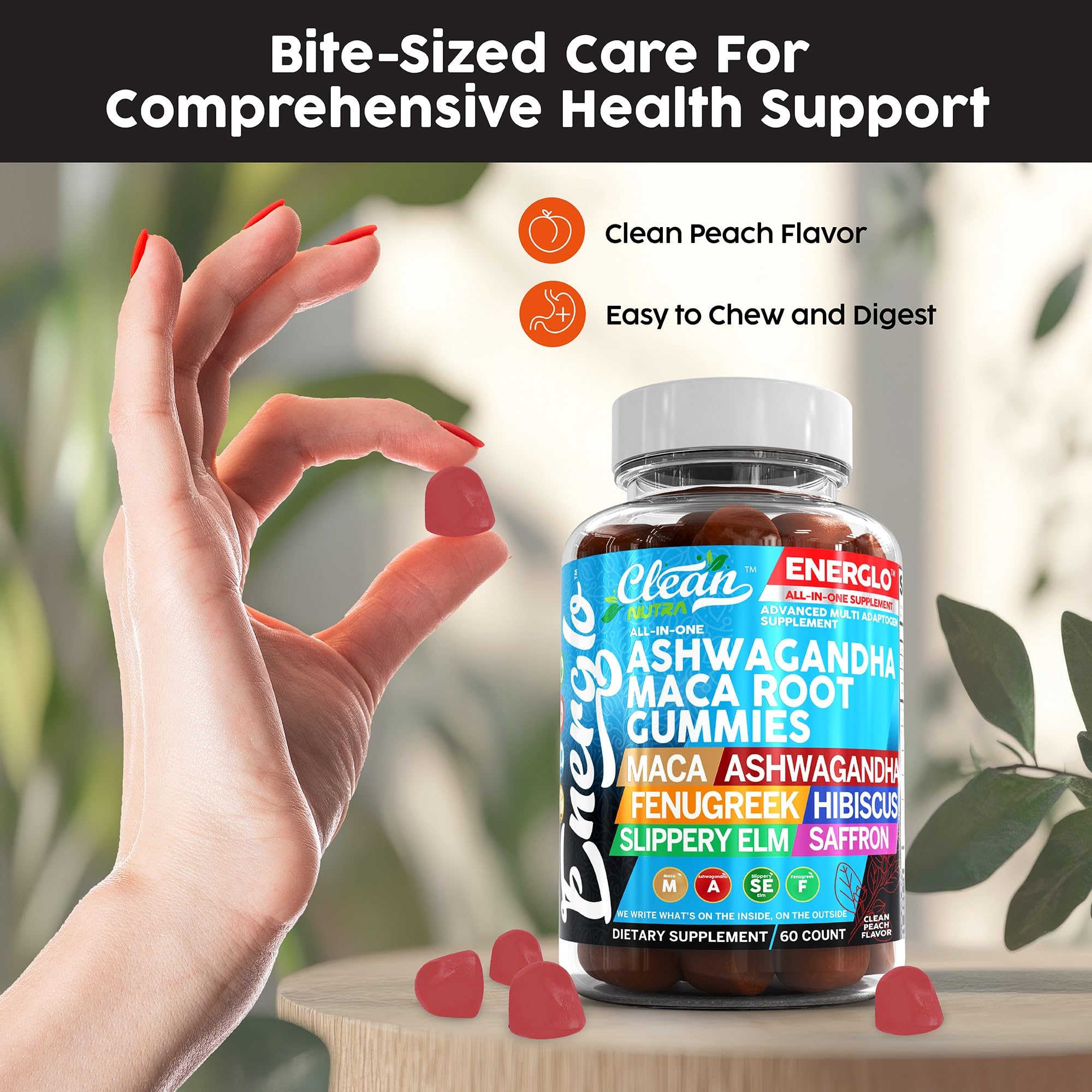 Ashwagandha Maca Root Gummies with Fenugreek Hibiscus Slippery Elm Saffron Extract & Beta Carotene | Peach Flavor Vegan Gummy Vitamins Adaptogen Cortisol Supplement Energlo by Clean Nutra Clean Nutraceuticals uk supplements