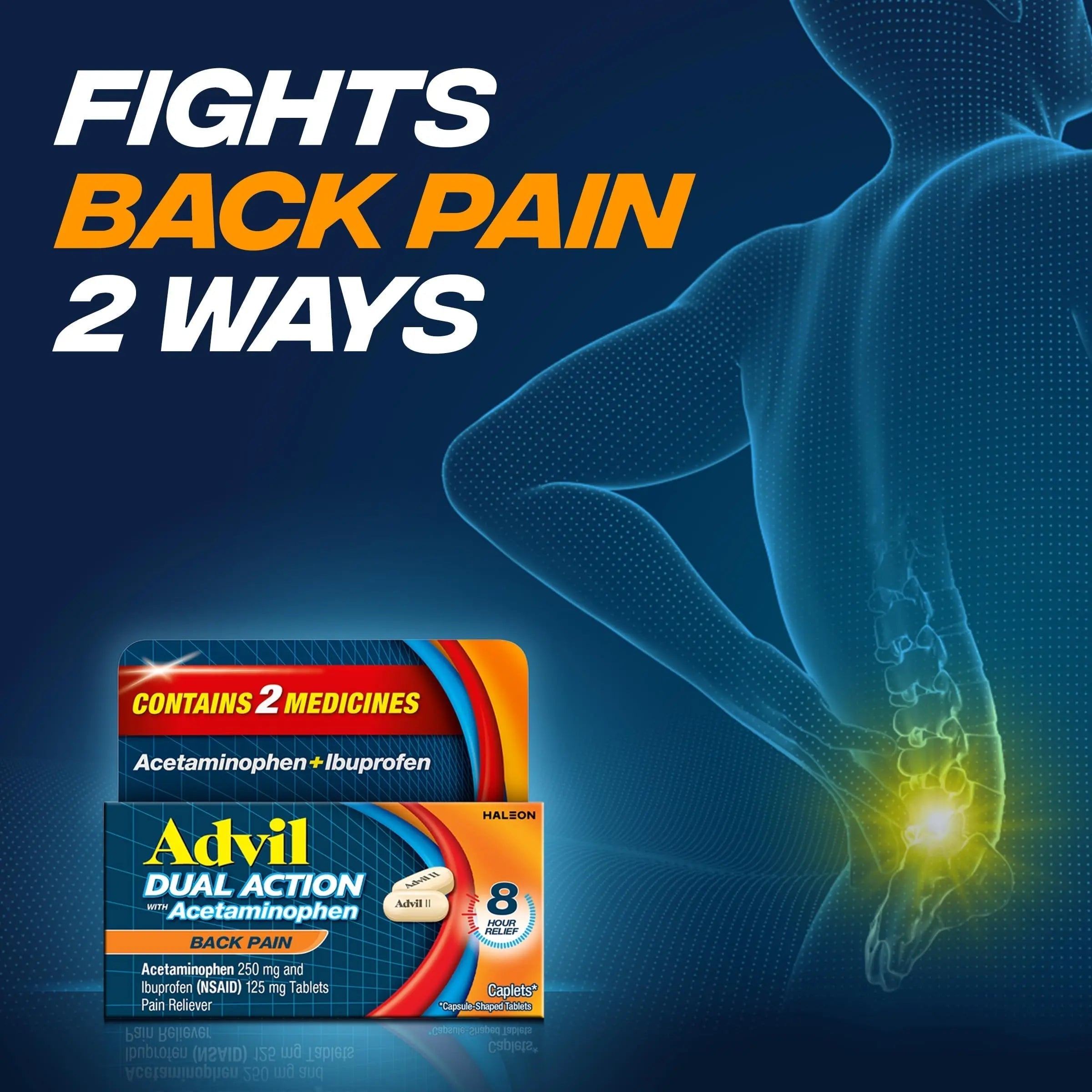 Advil Dual Action Back Pain Caplets Delivers 125mg Ibuprofen and 250mg Acetaminophen Per Dose for 8 Hours of Back Pain Relief - 144 Count Advil uk supplements