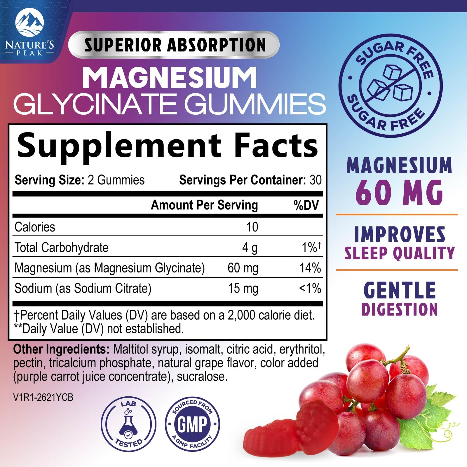 Magnesium Glycinate Gummies - Sugar Free - 100% Chelated Magnesium Gummy Supplement for Max Absorption - for Sleep Support & Heart, Muscle & Bone Health - Gentle on Stomach, Grape Flavor - 60 Gummies Nature's Peak uk supplements