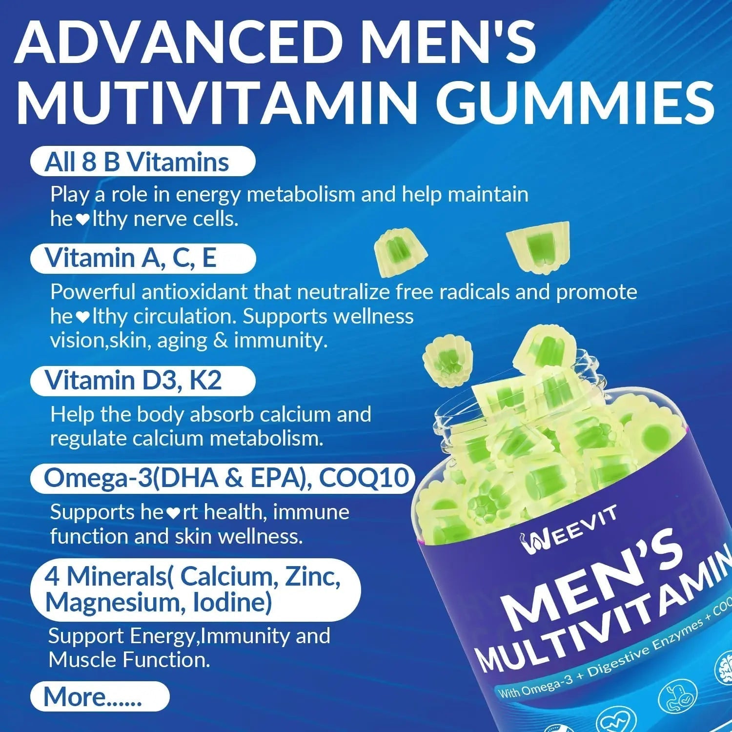 WEEVIT Mens Multivitamins Gummies, Omega 3, CoQ10, Turmeric, Lycopene, Digestive Enzymes, Daily Mens Vitamins A C D E B6 B12 WEEVIT uk supplements