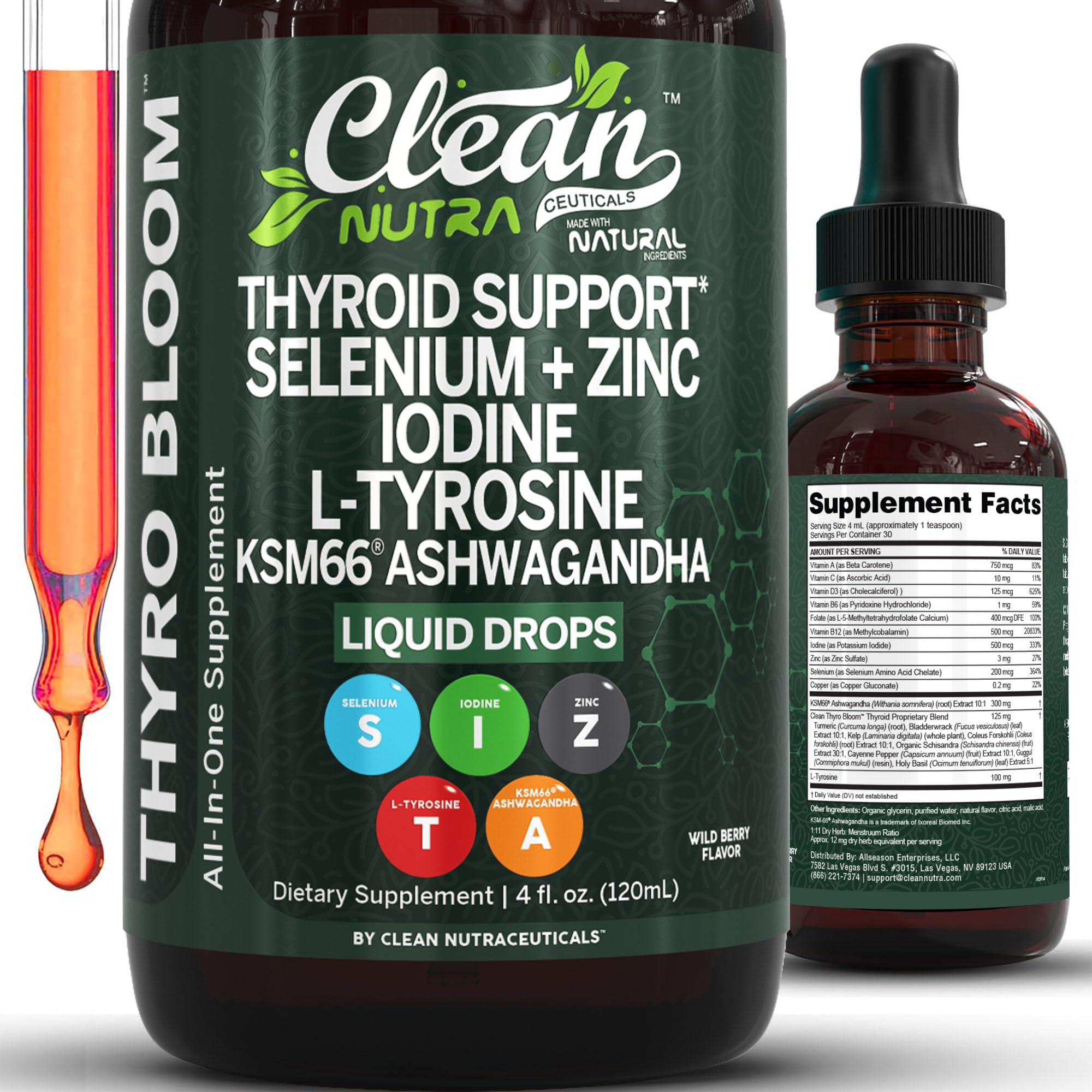 Clean Nutra Thyroid Support Drops Selenium Zinc Iodine L Tyrosine KSM66 Ashwagandha Vitamin D3 B12 A C Turmeric Kelp Schisandra Guggul Cayenne Basil Liquid Supplement Folate Copper Thyro Bloom Drop Clean Nutraceuticals uk supplements