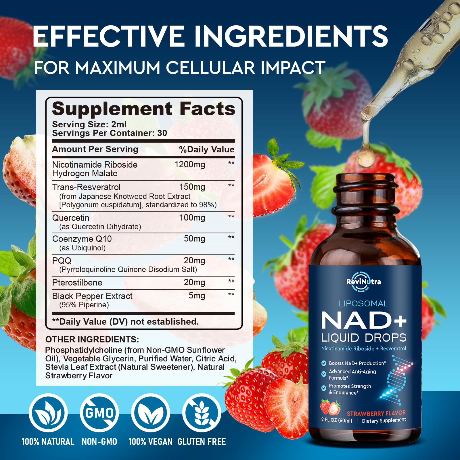 Liposomal NAD+ Liquid Supplement, Nad Resveratrol Supplement for Women & Men, Nicotinamide Riboside with PQQ, CoQ10, Quercetin for Anti-Aging, Brain, Cellular Energy Health, Strawberry Flavor, 2 Fl Oz ReviNutra uk supplements