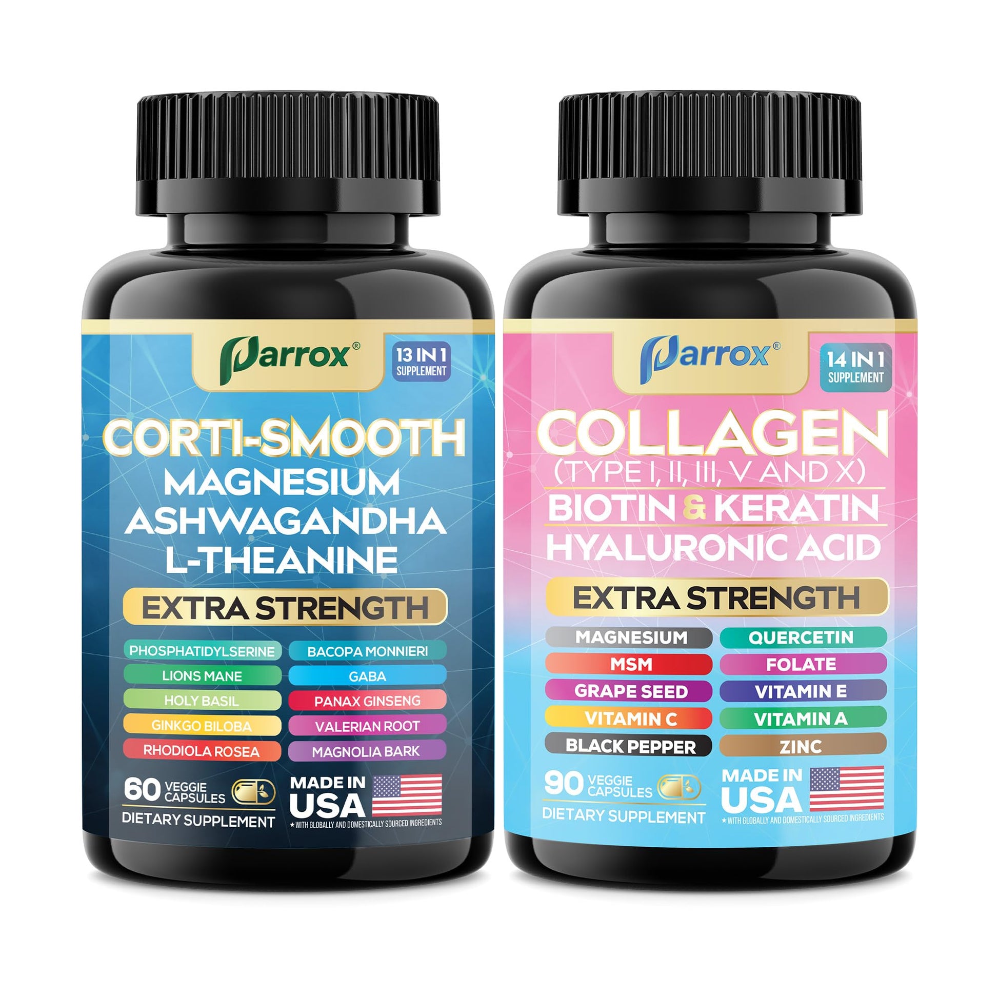 Parrox Shining Serenity Set, Cortisol Support with Ashwagandha, L-Theanine, Magnesium, Lions Mane, GABA, Bacopa Monnieri, Collagen I, II, III, V, X, Folate, Biotin, Keratin, Hyaluronic Acid, Quercetin Parrox uk supplements