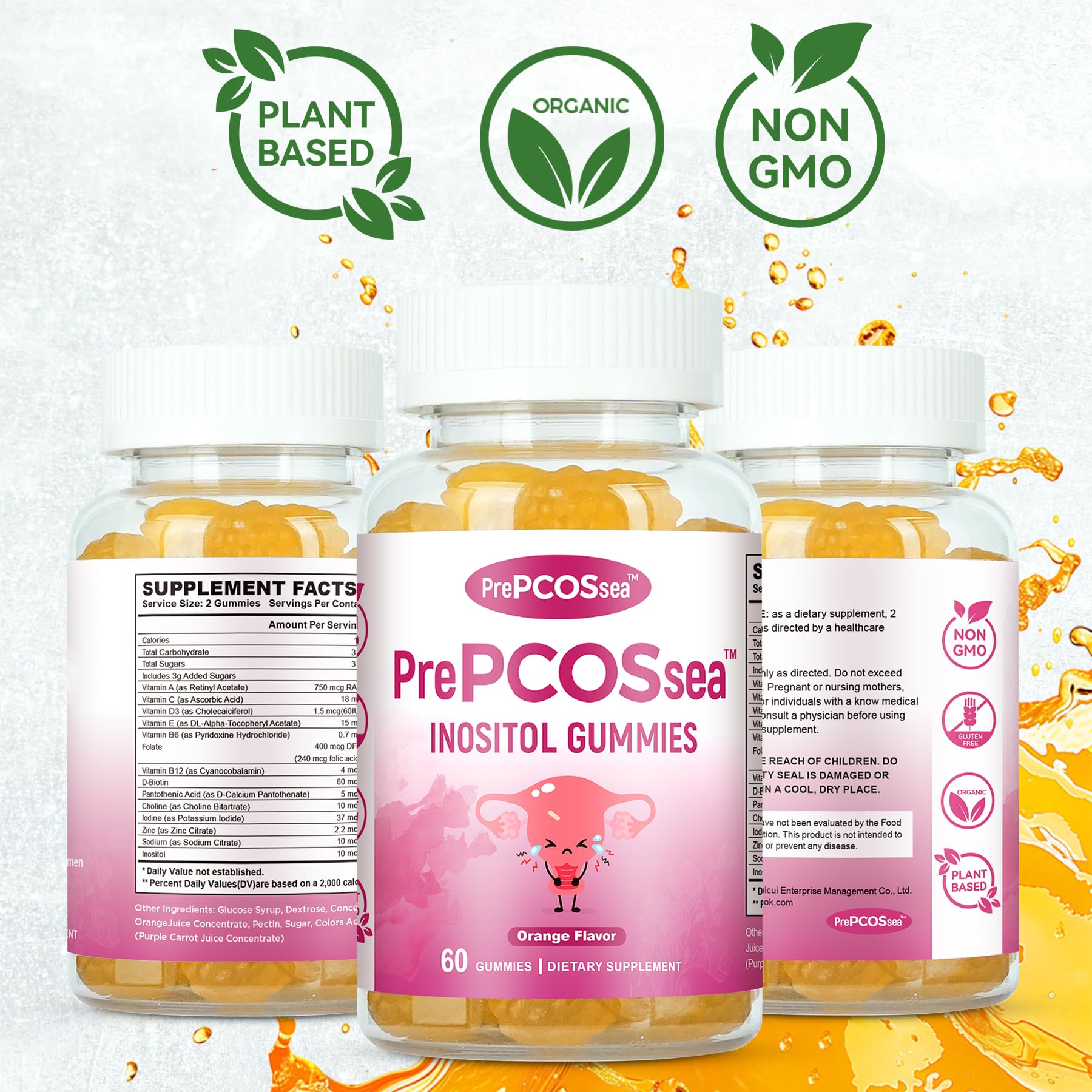 Feelherbs PrePCOSsea Inositol Gummies Vitamins, 2 Pack Orange Flavor Myo-Inositol Vitamin Gummies with Folate, B6, B12 & D-Biotin, 60 Count Soft Chews Feelherbs uk supplements