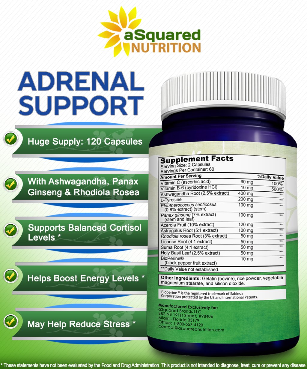 aSquared Nutrition Adrenal Support & Cortisol Manager Supplement (120 Capsules)-Adrenal Health w/Vitamin C Complex Pills to Support Fatigue & Stress Relief-Ashwagandha, L-Tyrosine, Rhodiola & Ginseng aSquared Nutrition uk supplements