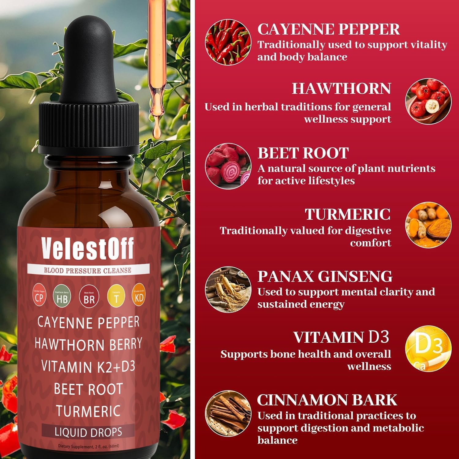 Velestoff Cayenne Pepper | Cayenne Heart & Circulation Blend – Botanical Extracts with Hawthorn, Beet Root, Turmeric, Vitamin K2 & D3 – Daily Wellness Drops (2 fl oz) (1) DFTLUUE uk supplements
