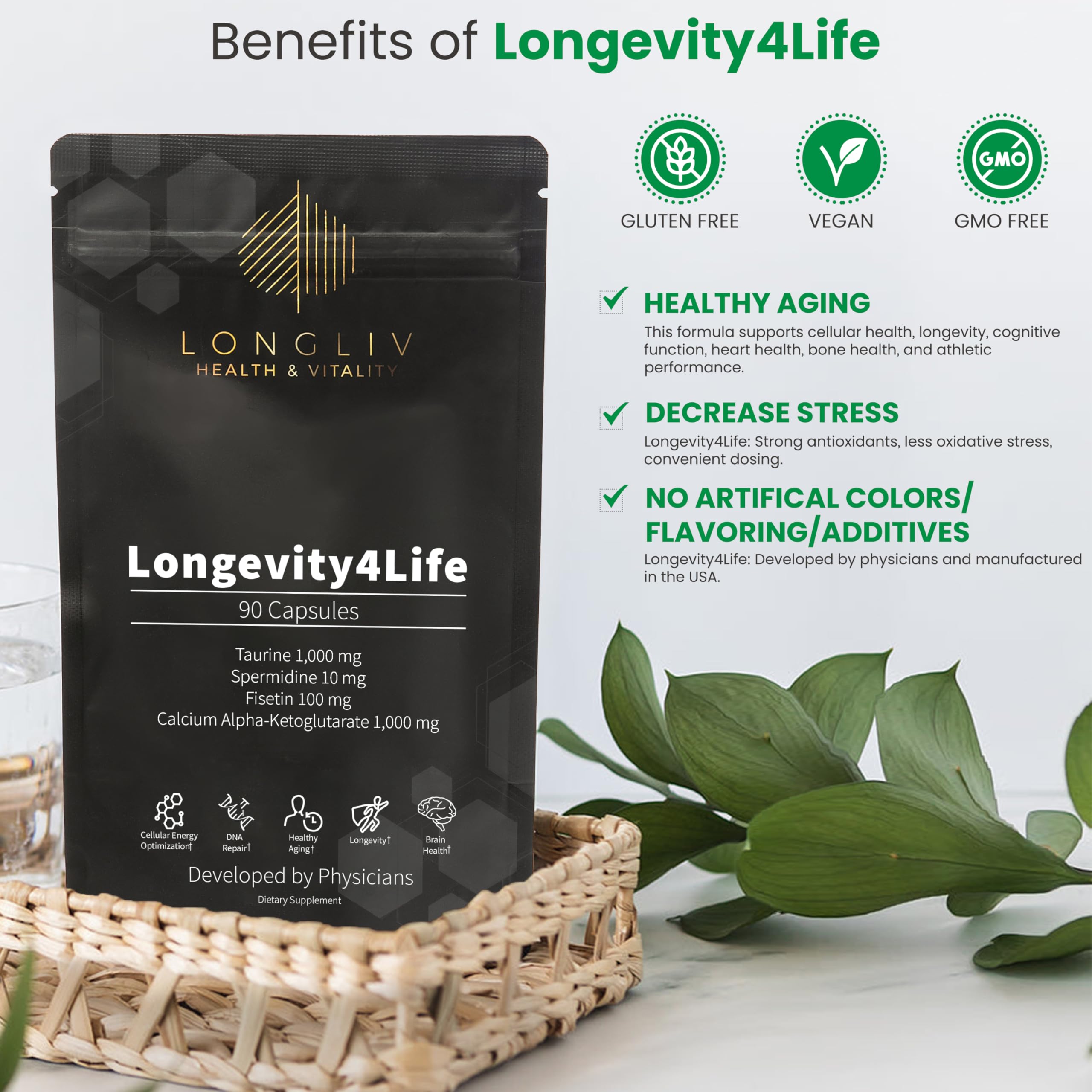 Longevity4Life - Ultimate Cellular Health Supplement - Fisetin, Taurine, Calcium Alpha-Ketoglutarate, and Spermidine Capsules for Longevity and Vitality - Made in USA - Physician Formulated LongLiv Health and Vitality uk supplements
