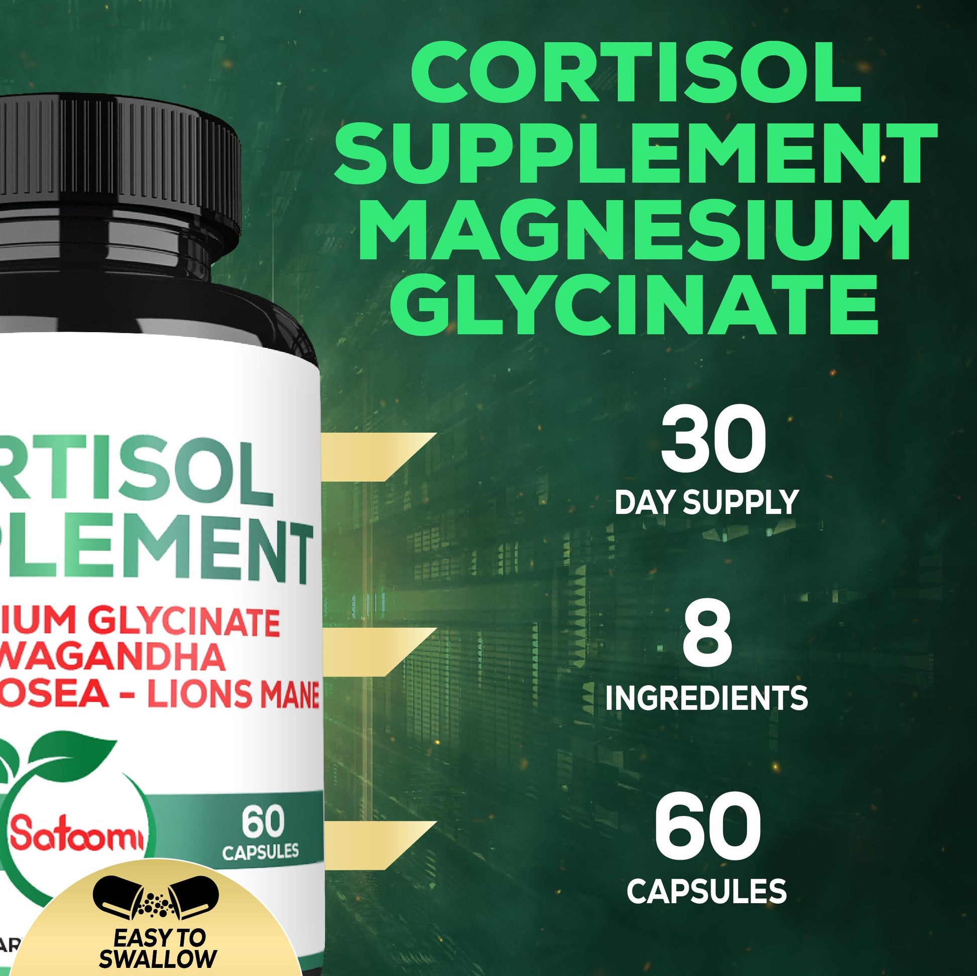 Satoomi 8in1 Cortisol Manager with Magnesium Glycinate, Ashwagandha, Rhodiola Rosea, Lions Mane & More - Cortisol Reducer Supplement Men & Women - 60 Capsules Satoomi uk supplements