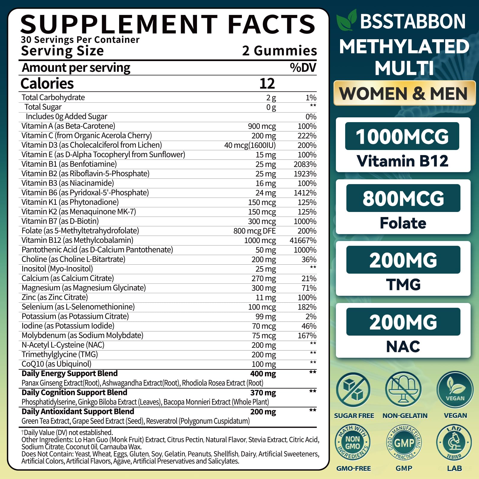 BSSTABBON Methylated Multivitamin for Women Men: Organic Iron Free Multivitamins Gummies plus 5-MTHF Active B12 P5P CoQ10 NAC TMG - Chewable Sugar Free Gummy for Energy Immune Overall Health(120Count) BSSTABBON uk supplements