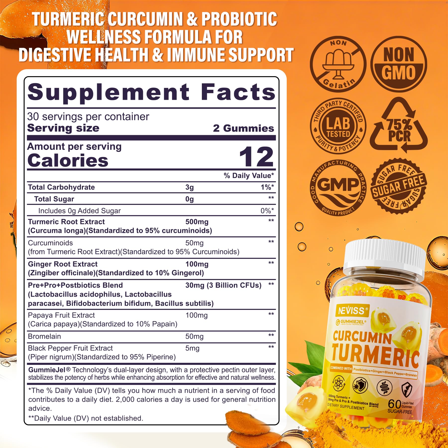 Sugar Free Turmeric Curcumin Filled Gummies 550mg for Adults, Ginger & Black Pepper | 95% Curcuminoids w/Prebiotic Probiotic & Postbiotic Blend, Support, Immune & Digestive Health, Vegan, 2Pack NEVISS uk supplements