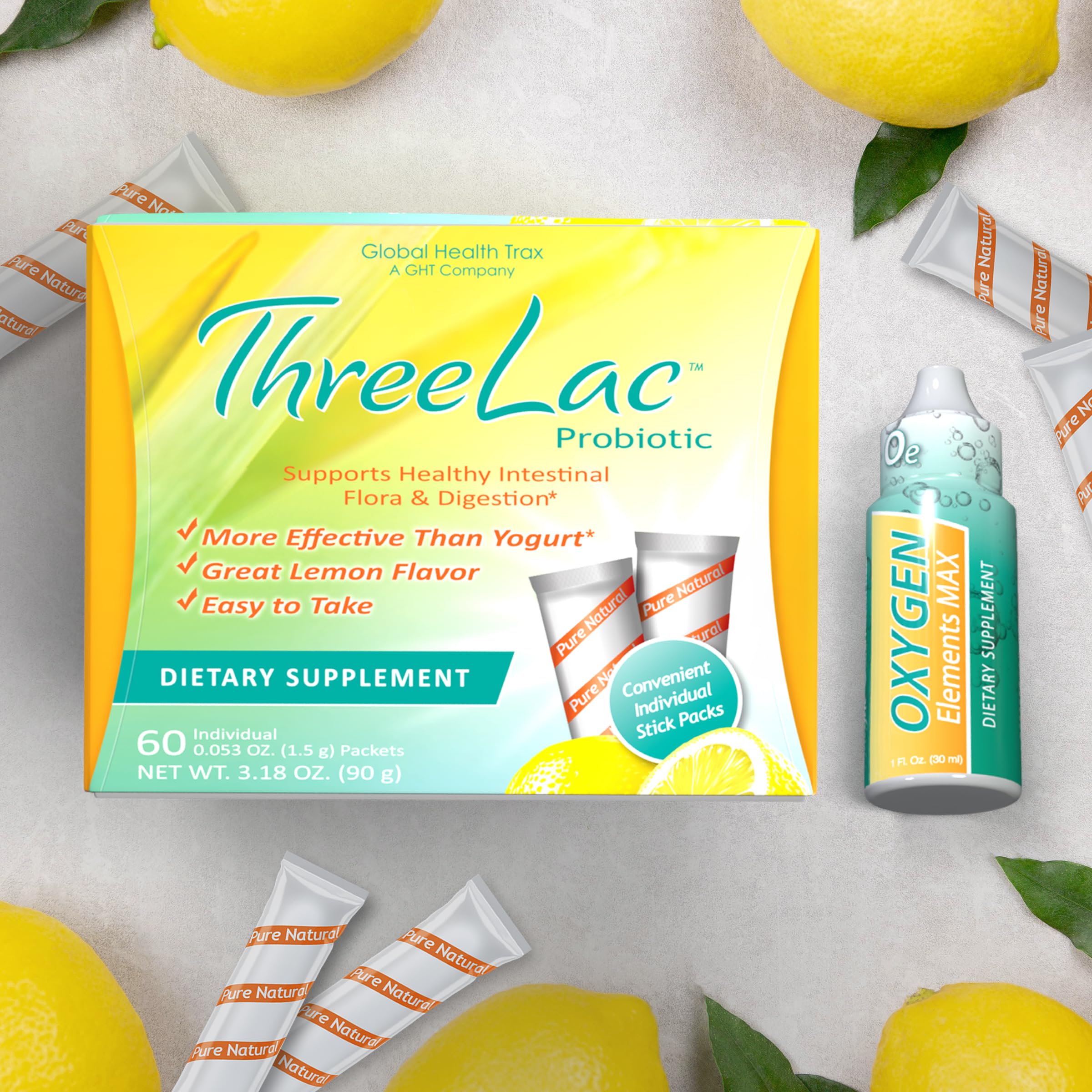 Global Health Trax Ultimate Gut & Oxygen Duo: ThreeLac Lemon Probiotic Powder (60 Packets) & Oxygen Elements Max Drops (1oz) - Digestive Support & Cellular Vitality ght Global Health Trax uk supplements