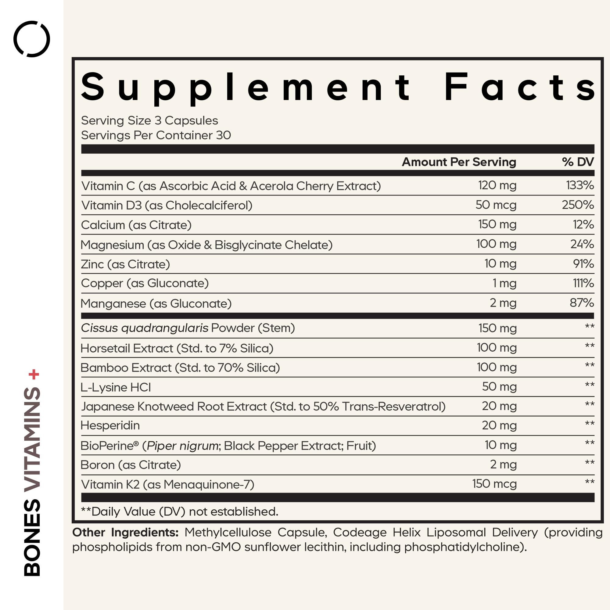 Codeage Bones Vitamins+ - Vitamin D3 & K2, Vitamin C, Calcium, Magnesium, Zinc, Hesperidin, L-Lysine, Manganese, Bamboo, Horsetail, Cissus, Boron, Trans-Resveratrol, Non-GMO Supplement - 90 Capsules Codeage uk supplements