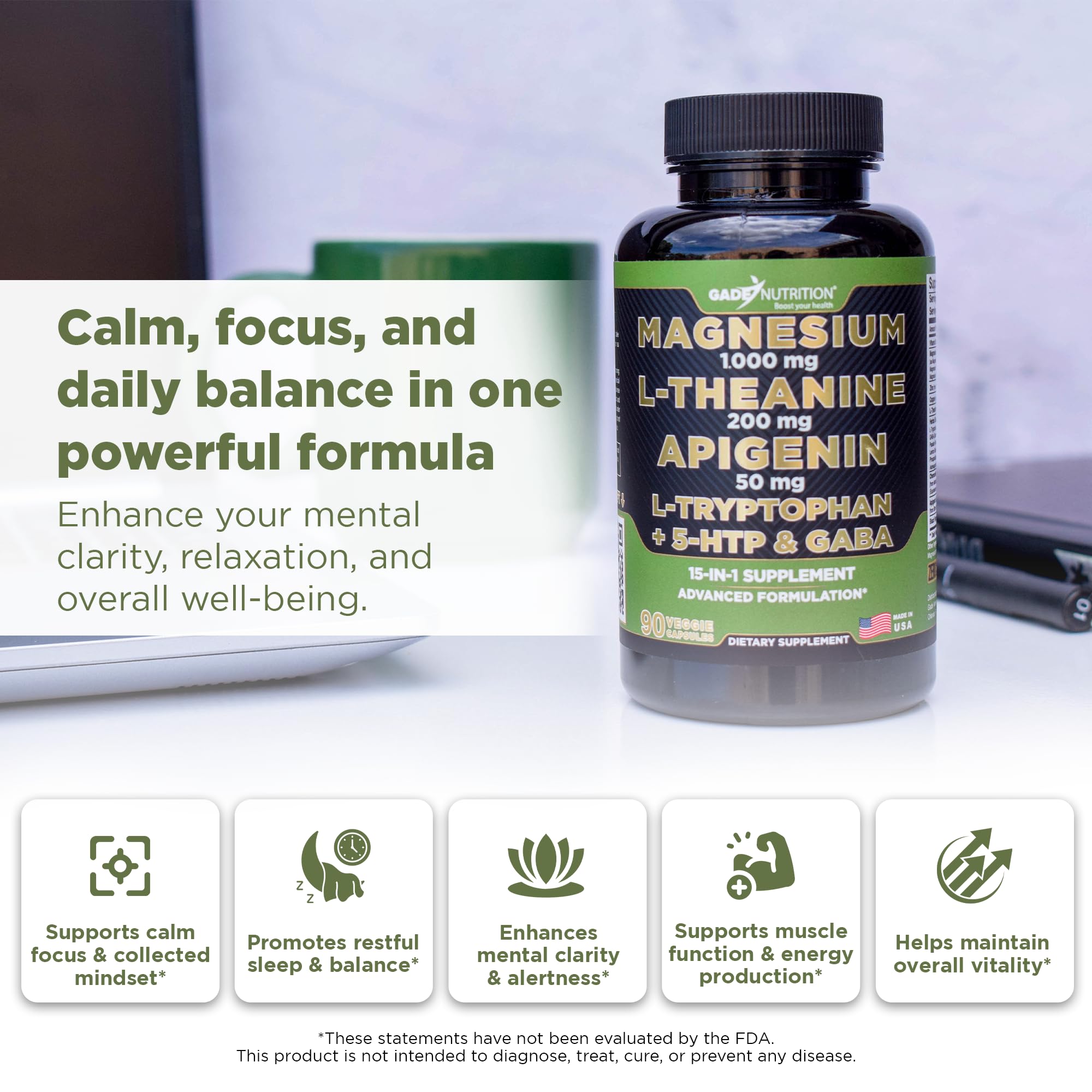 Gade Nutrition Magnesium Glycinate & Magneisum Supplements with Apigenin, L Theanine 200 mg, 5 HTP, GABA Calm Brain Booster Supplement Sleep Aid Ashwagandha L Tryptophan Chamomile GADE NUTRITION BOOST YOUR HEALTH uk supplements