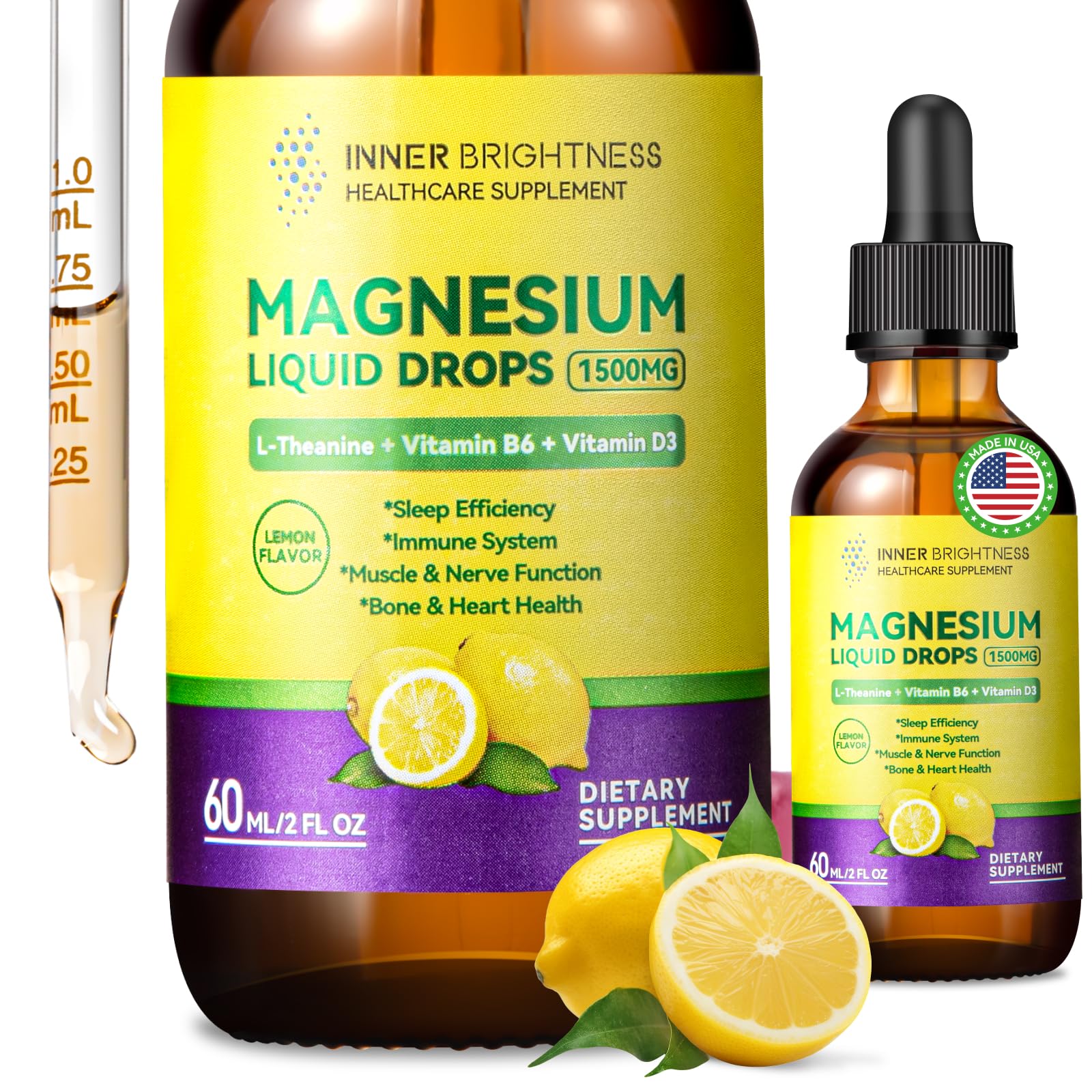 Magnesium Glycinate Liquid Drops 1500mg with Magnesium Citrate & Taurate, L-Theanine, Vitamin D3, B6 - Supports Calm, Sleep, Muscle Relaxation, Leg Cramps & Energy, Lemon Flavor, 60 mL Inner Brightness uk supplements