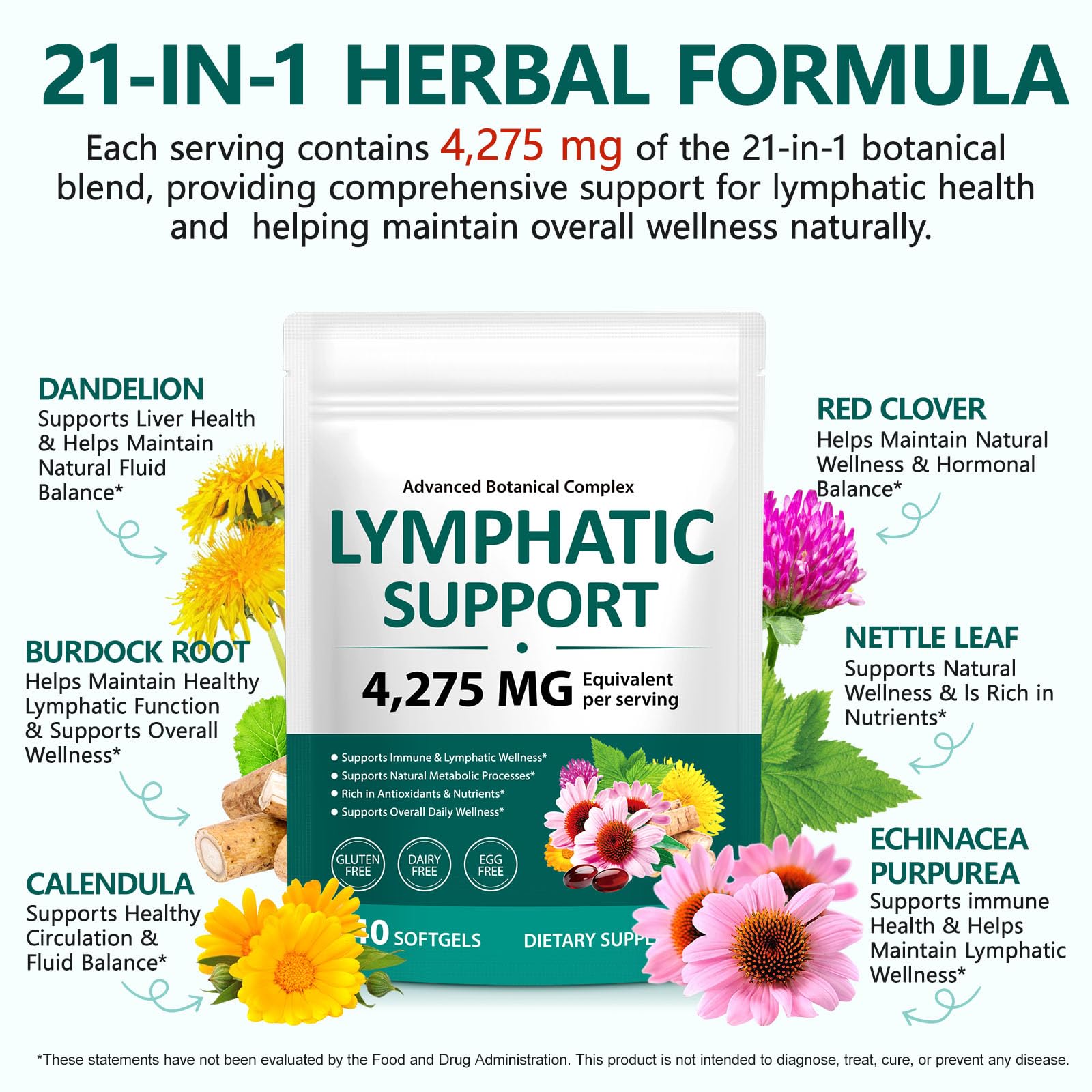 chenyayun Lymphatic Drainage Supplements, 240 Softfels, 21-in-1 Natural Herbal Blends with Echinacea, Dandelion, Burdock Root for Lymph System, Immune Support, Cleanse, Less Swelling/Bloating chenyayun uk supplements