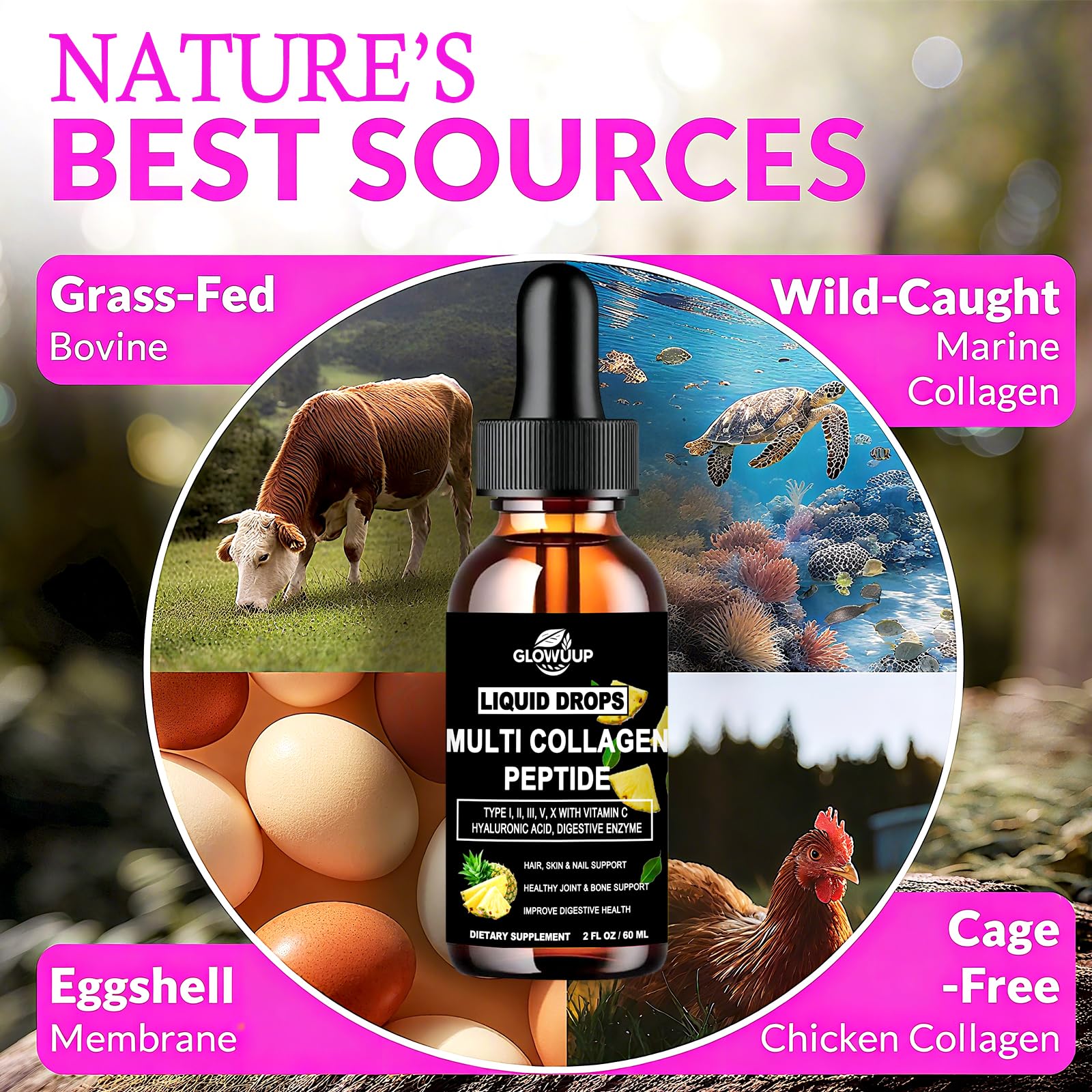 Multi Collagen Peptides Liquid Drops for Women & Men-Type I, II, III, V, X丨Hydrolyzed Collagen Peptides, Collagen Proteins W. Hyaluronic Acid, Biotin & Vitamin C for Hair Skin & Joint Gut Health GLOVVUUP uk supplements