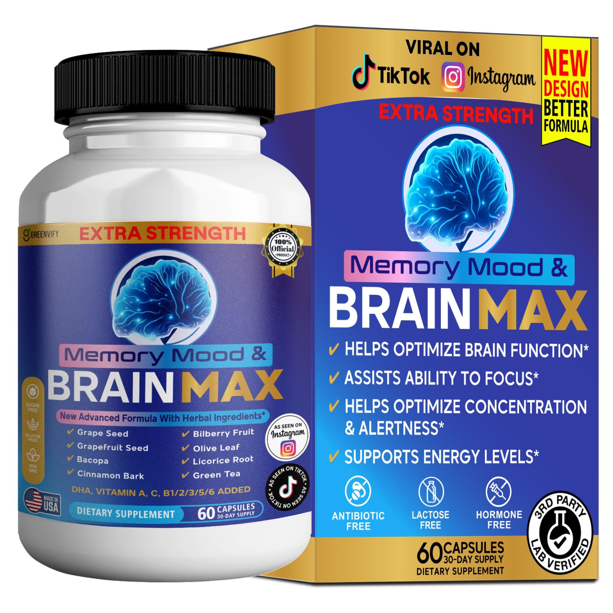 Memory, Mood & Brain Max Extra Strength Supplement with Herbal Ingredients, 60 Capsules, DHA, Vitamins, Bacopa, Green Tea (1) GREENVIFY uk supplements