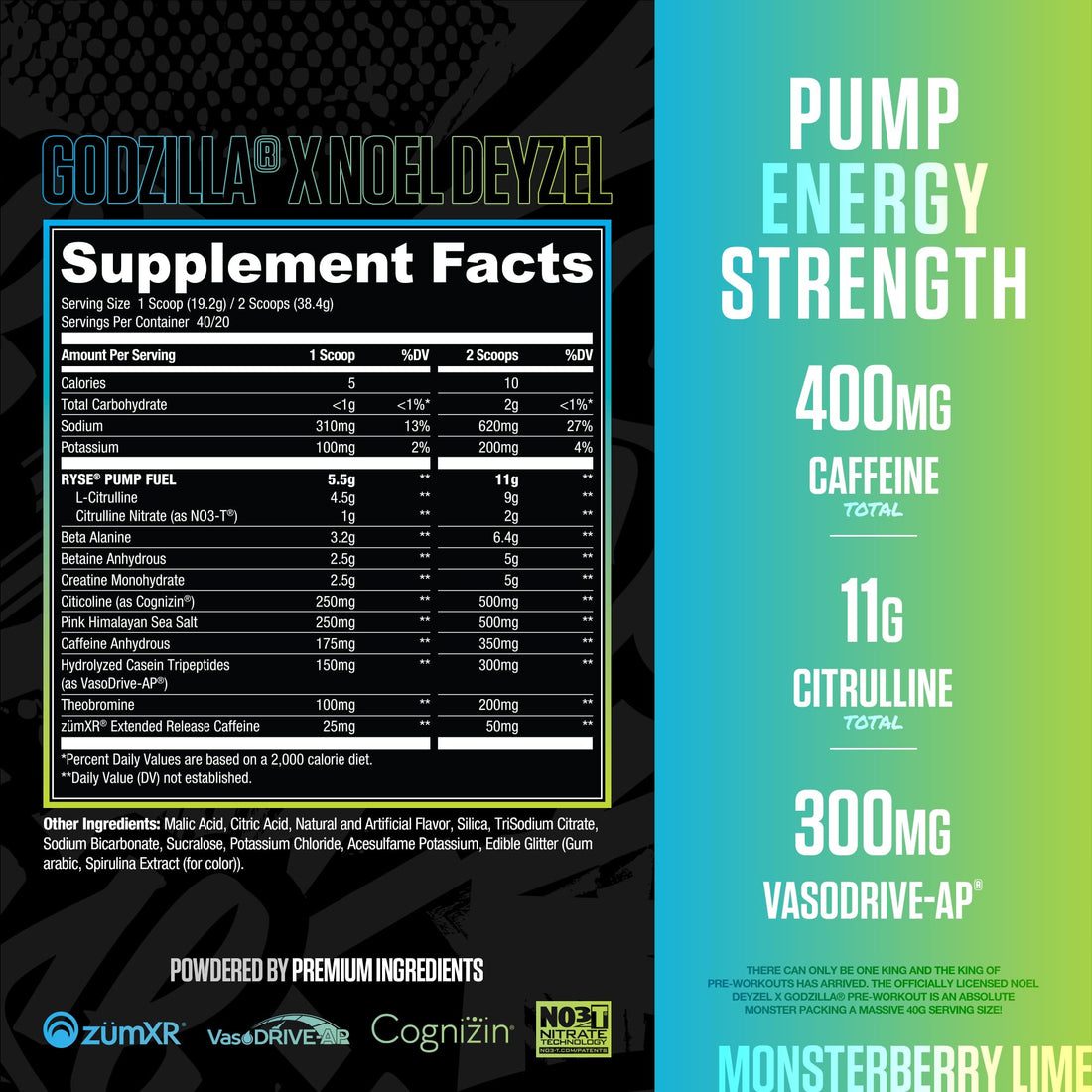 RYSE Godzilla X Noel Deyzel Pre Workout Powder - Monsterberry Lime - 400mg Caffeine, High Stim Pre-Workout for Men & Women with Citrulline & Beta Alanine - Energy, Pump & Focus - 20/40 Servings RYSE Up Supplements uk supplements
