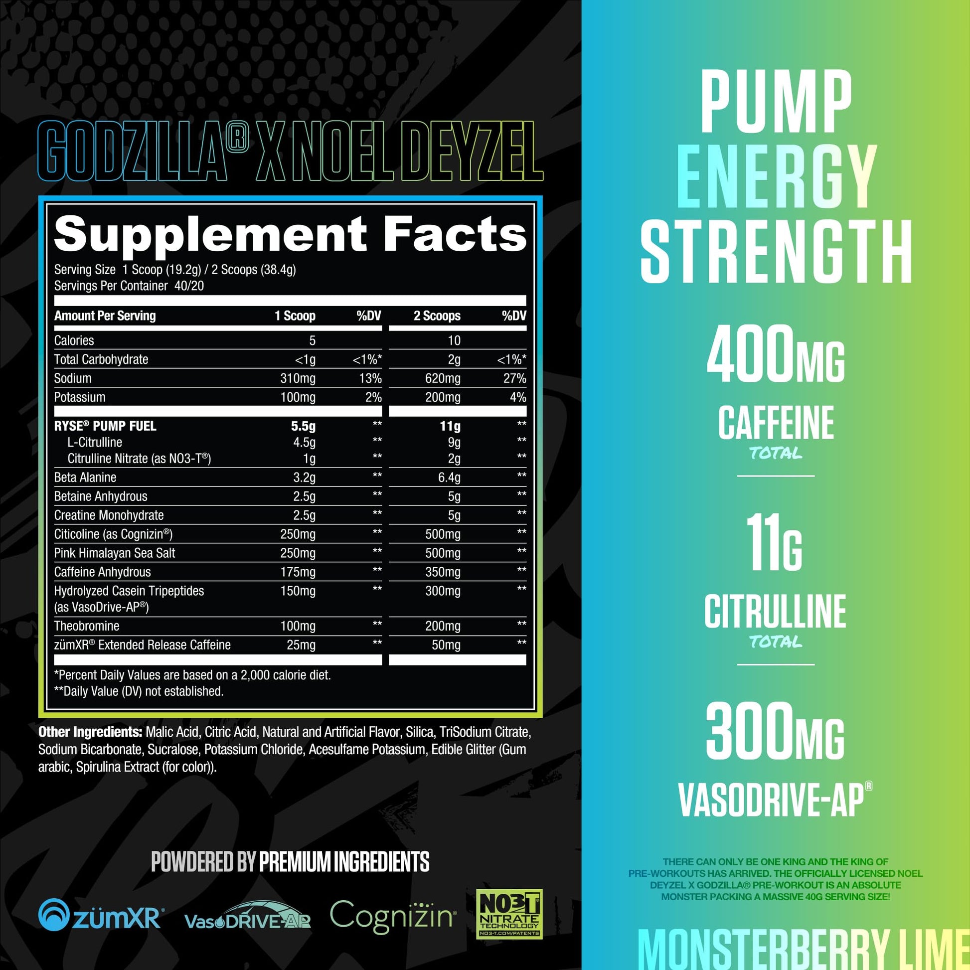 RYSE Godzilla X Noel Deyzel Pre Workout Powder - Monsterberry Lime - 400mg Caffeine, High Stim Pre-Workout for Men & Women with Citrulline & Beta Alanine - Energy, Pump & Focus - 20/40 Servings RYSE Up Supplements uk supplements