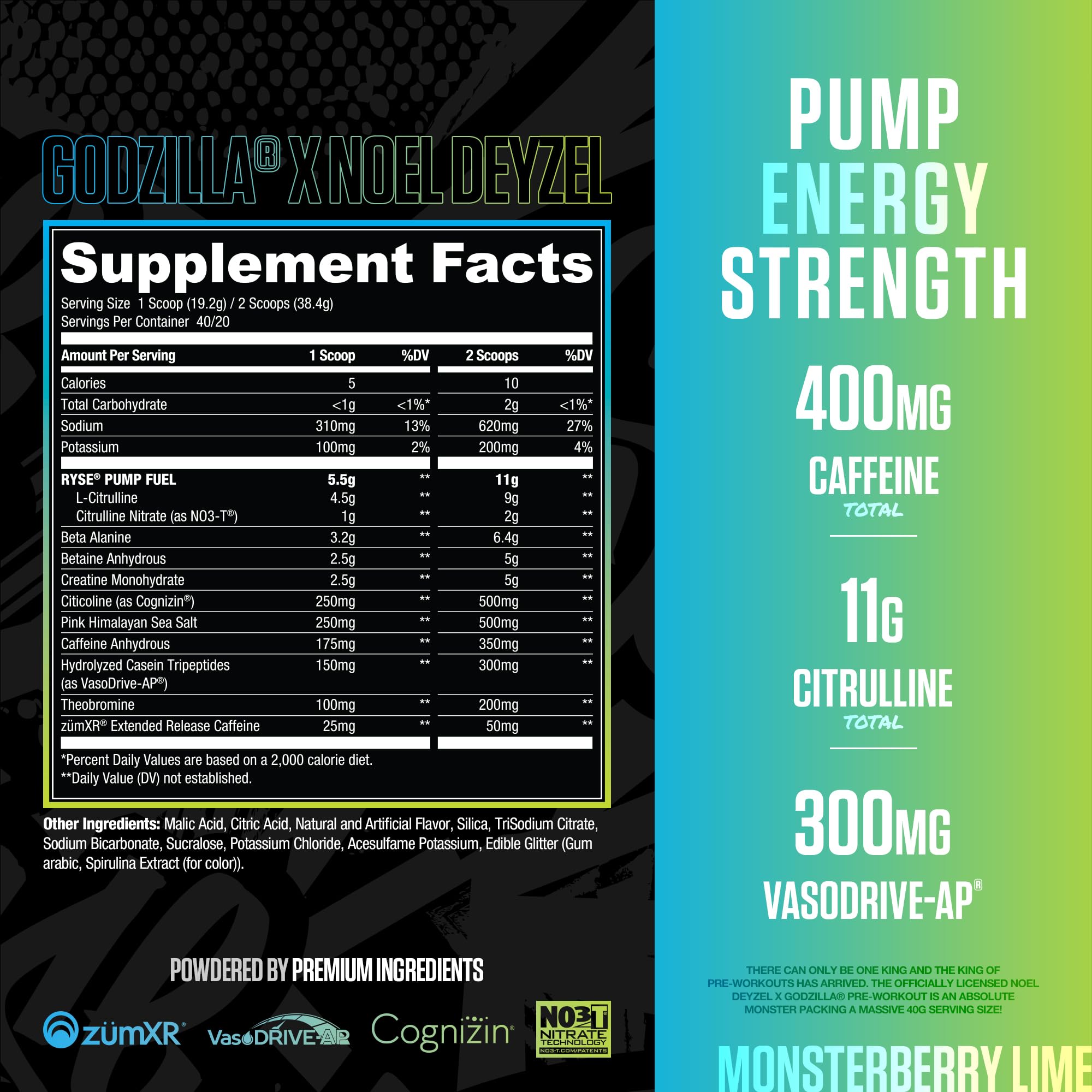 RYSE Godzilla X Noel Deyzel Pre Workout Powder - Monsterberry Lime - 400mg Caffeine, High Stim Pre-Workout for Men & Women with Citrulline & Beta Alanine - Energy, Pump & Focus - 20/40 Servings RYSE Up Supplements uk supplements