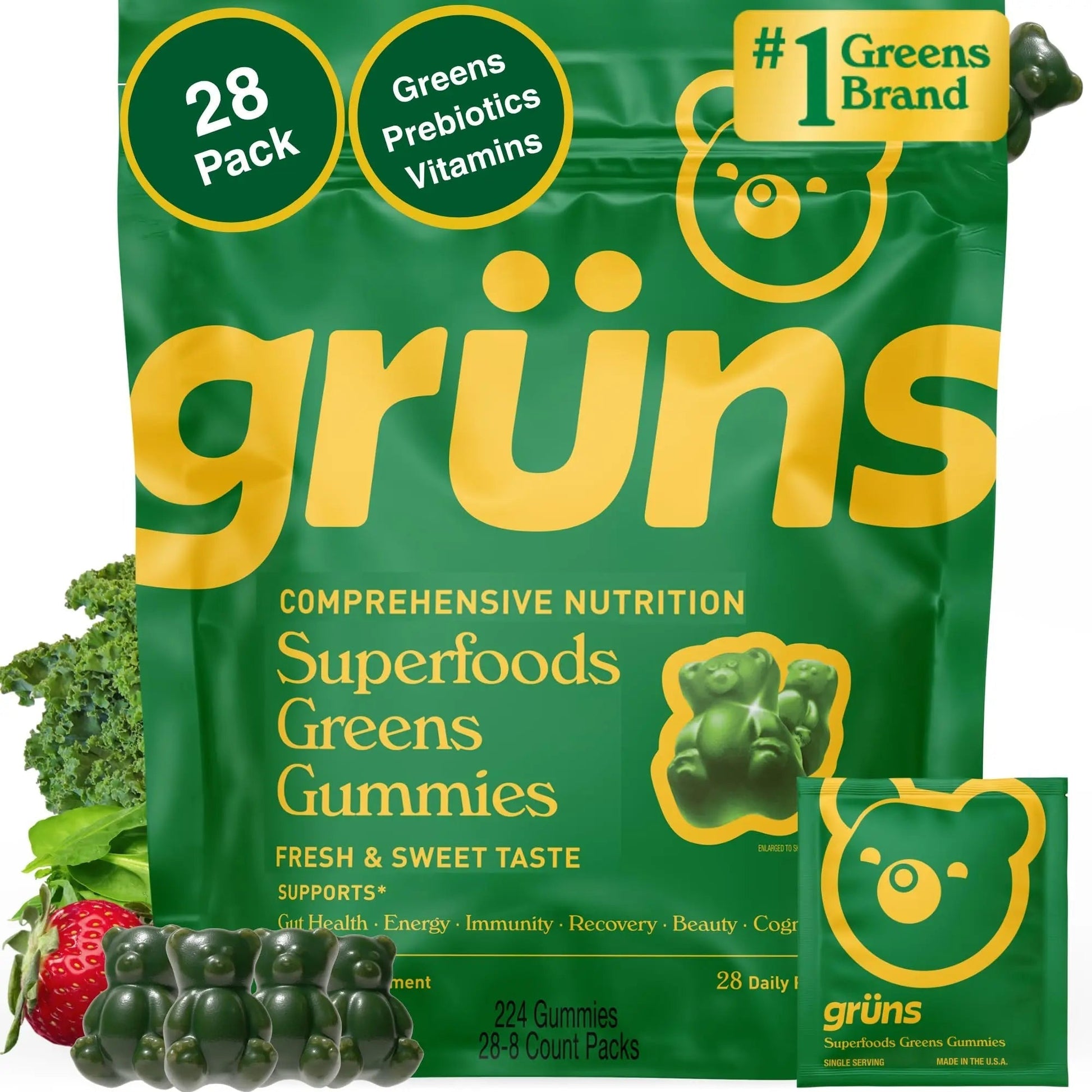 Gruns Adults Super Greens Multivitamin Gummies, Superfood Vitamin Gummy Bears with Spirulina, Chlorella, Prebiotic Fiber for Digestive Health Grüns uk supplements