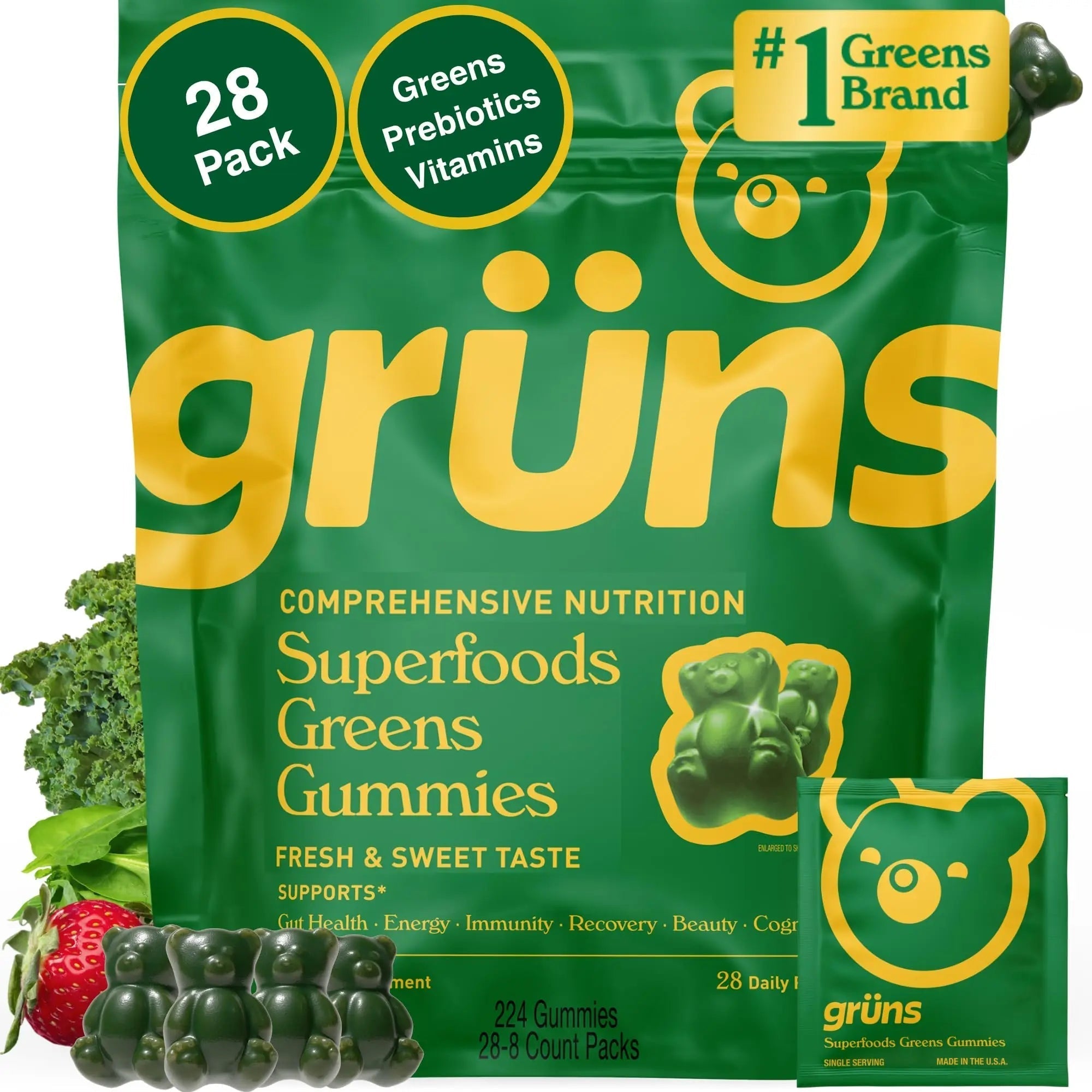 Gruns Adults Super Greens Multivitamin Gummies, Superfood Vitamin Gummy Bears with Spirulina, Chlorella, Prebiotic Fiber for Digestive Health Grüns uk supplements